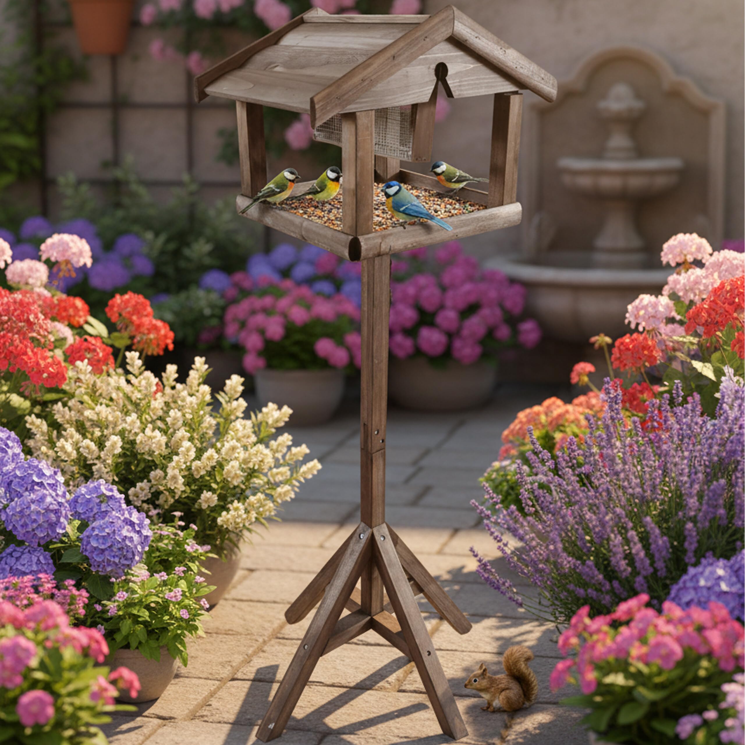Relaxdays Comedero para pájaros con Soporte y silo de alimento, Madera de Abeto marrón, 117 x 50 x 50 cm