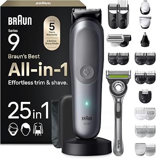 Braun Multigroom All-in-One Series 9, 25-in-1 Trimmer, AIO9565, Grau | Barttrimmer, Nasenhaartrimmer, Haarschneidemaschine, 14 Längen, 120 Min. Akku, Wasserdicht, Inkl. Gillette Labs Rasierer