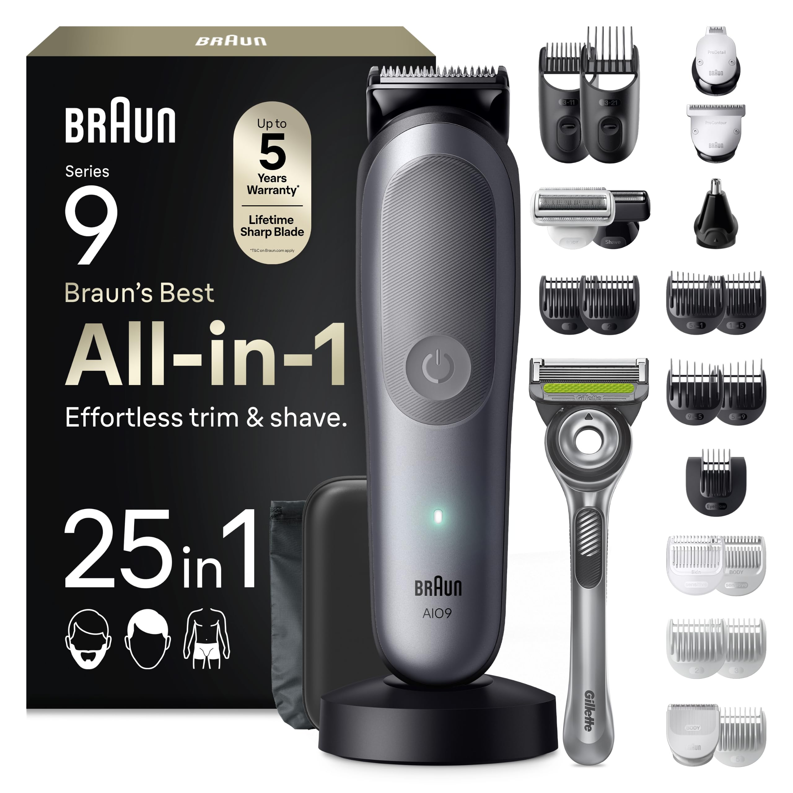 Braun Multigroom All-in-One Series 9, 25-in-1 Trimmer, AIO9565, Grau | Barttrimmer, Nasenhaartrimmer, Haarschneidemaschine, 14 Längen, 120 Min. Akku, Wasserdicht, Inkl. Gillette Labs Rasierer