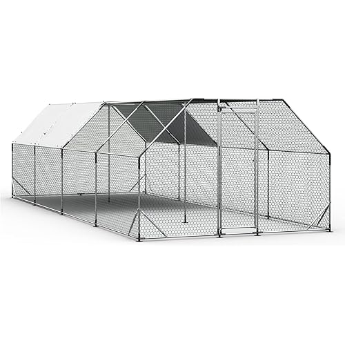 Rophefx Chicken Coop, Large Metal Chicken House, Walk-in Chicken Run Pen with Water-Resident and Anti-UV Cover, Duck Rabbit House Outdoor (10'L x 26'W x 6.36'H, Flat)