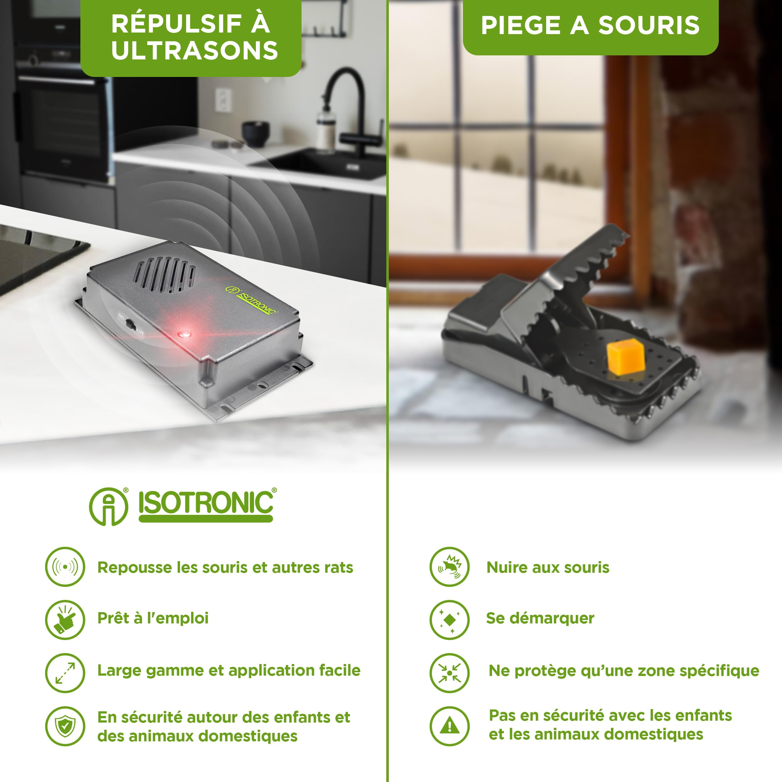 ISOTRONIC Répulsif ultrasons souris et rats – Anti-nuisibles pour grenier, cave, garage et jardin – Protection efficace sans poison ni piège – Portée de 40 m² – Lot de 3 unités – Intérieur & extérieur