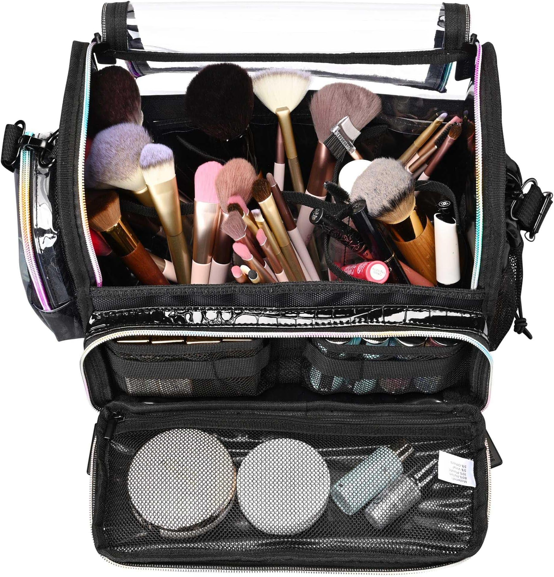 BYOOTIQUEMakeup Brush Case Portable Artist Brush Holder Stand-Up Travel Cosmetic Organizer Bag Large Professional Artist Storage Bag with Shoulder Strap & Adjustable Dividers (Black, Acrylic)