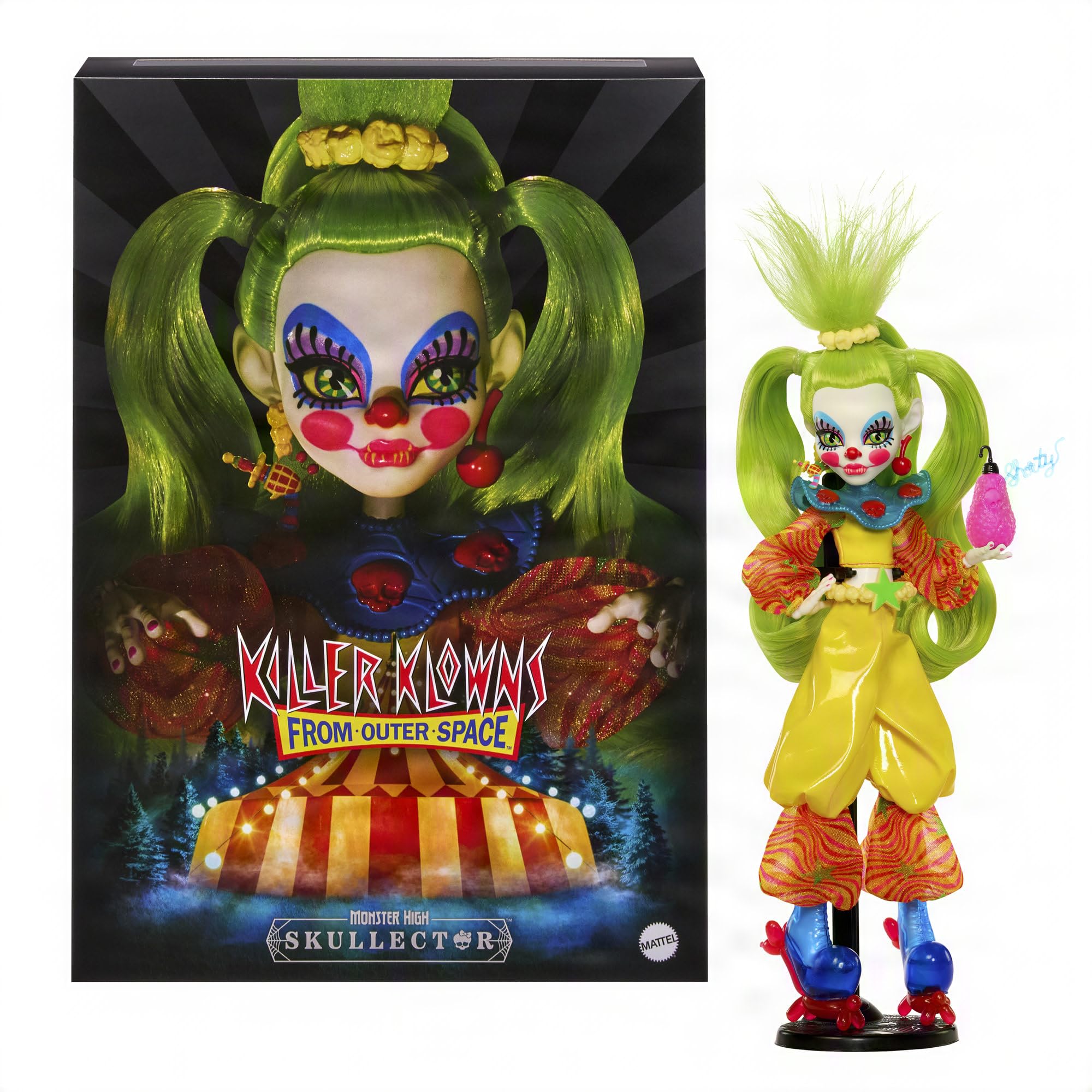 Monster High Skullector Shorty Doll, Killer Klowns From Outer Space Collectible with Green Hair, Yellow Clown Clothes, Balloon Shoes and Doll Standββ, JMG88