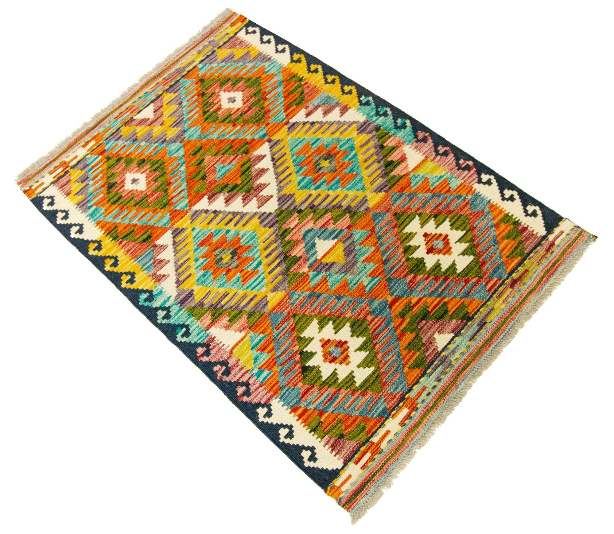 Kilim Tapis 100 % laine 121 x 82 cm, fait à la main, pièce unique de style Herat Boho multicolore, tissage plat, tapis d'entrée et chambre