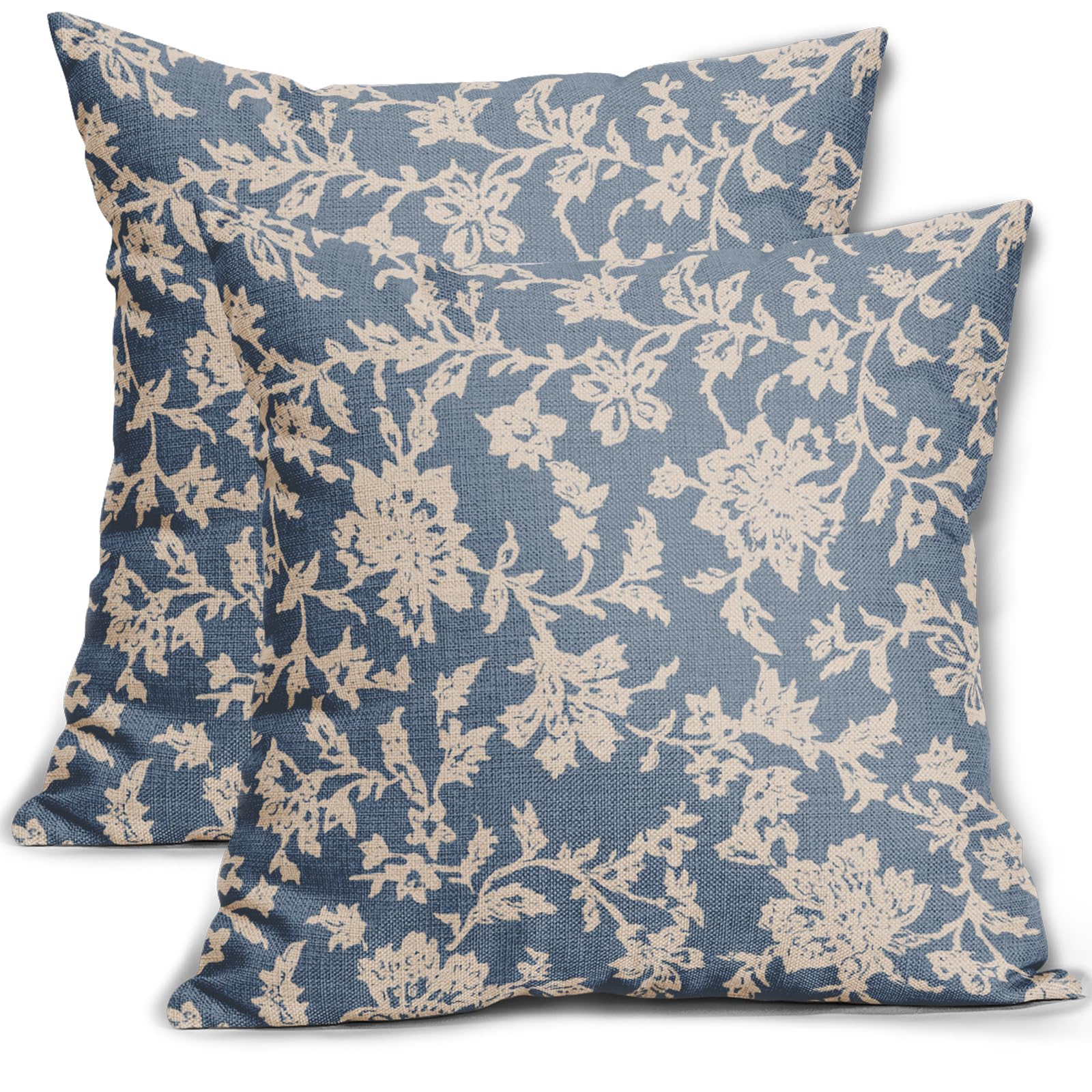 Aytipun Grey Blue Floral Pillow Covers 18x18 Set of 2 Cream Vintage Flower Block Print Pattern Decorative Throw Pillowcases Outdoor Rustic Farmhouse