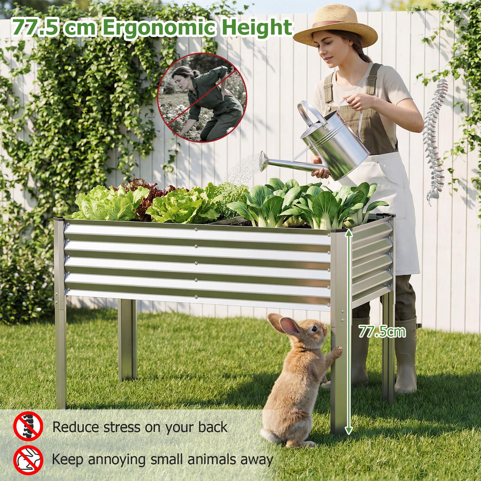 FANTASK Jardinière surélevée en métal - 118 x 60 x 77,5 cm - avec système de Drainage jusqu'à 50 kg - pour légumes, Fruits, Fleurs, Herbes, Balcon, Jardin, terrasse - Argenté