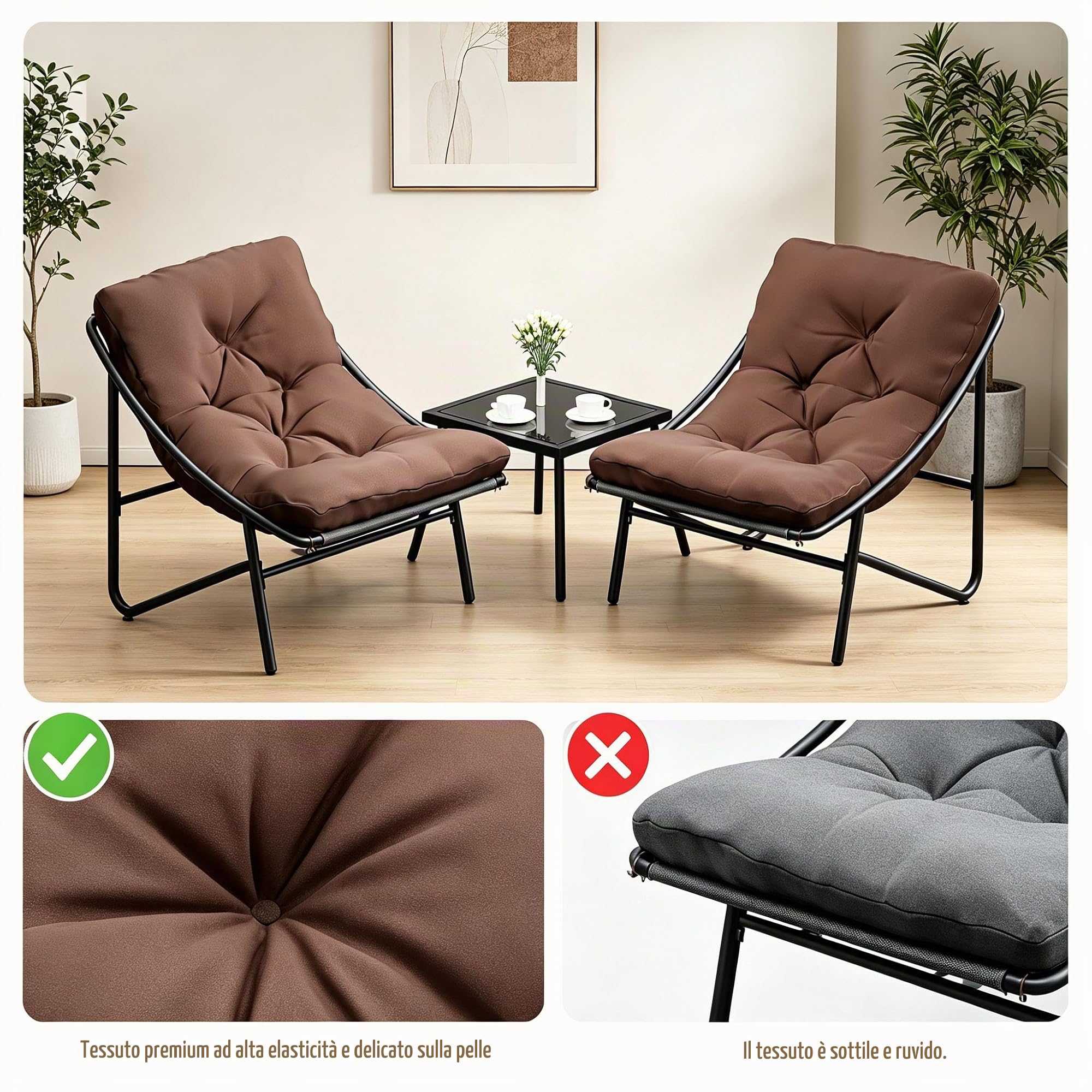 Set di mobili da balcone, 3 pezzi, mobili da giardino e terrazza con 2 sedie, tavolo e cuscini, set da balcone per 2 persone, tavolino in vetro temperato, piccoli mobili da balcone per cortile