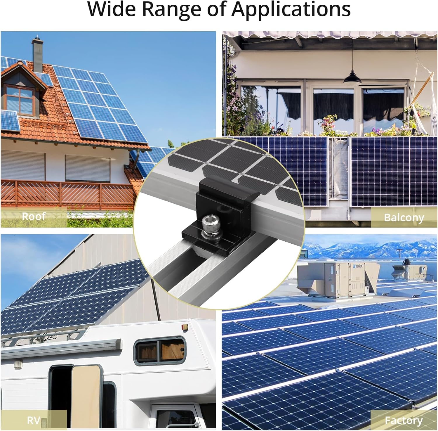 Anbte 10pcs Solar Panel Mounting Brackets 30-50mm Adjustable, Aluminum Solar Panel End Clamp Include 10*Screw M8 and 1*Wrench, Solar Mount Kit for Metal Roof, Tin Roof, Flat Roof, Sheet Roof, Black