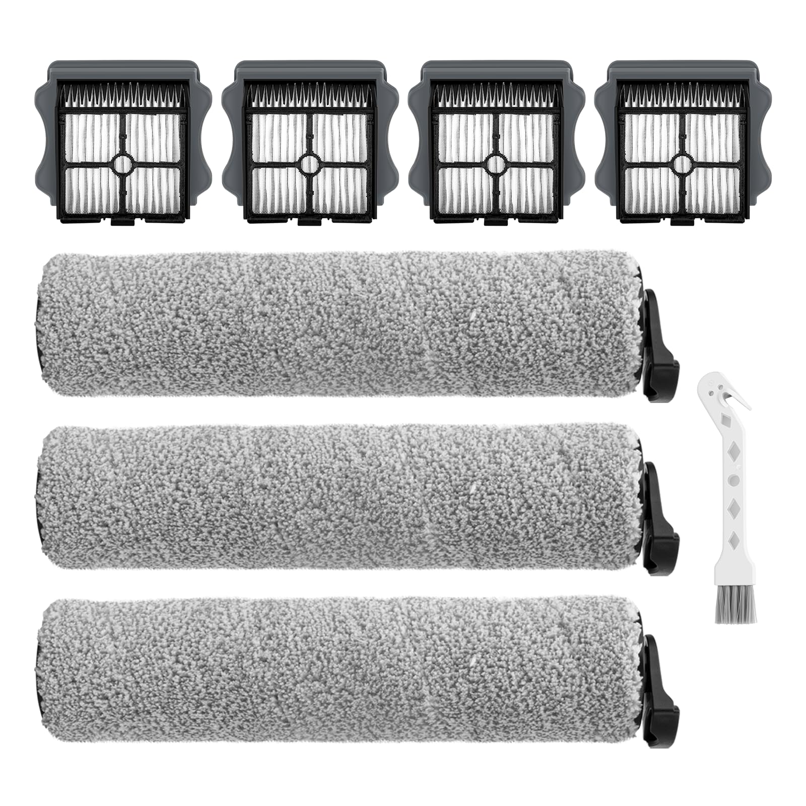 E.LUO Roller Brush and Filter Replacement Compatible with Tineco Floor One S3/iFloor 3 Cordless Vacuum Cleaner Replacement Parts Include 3 Brush Rollers, 4 Filters，1 Clean