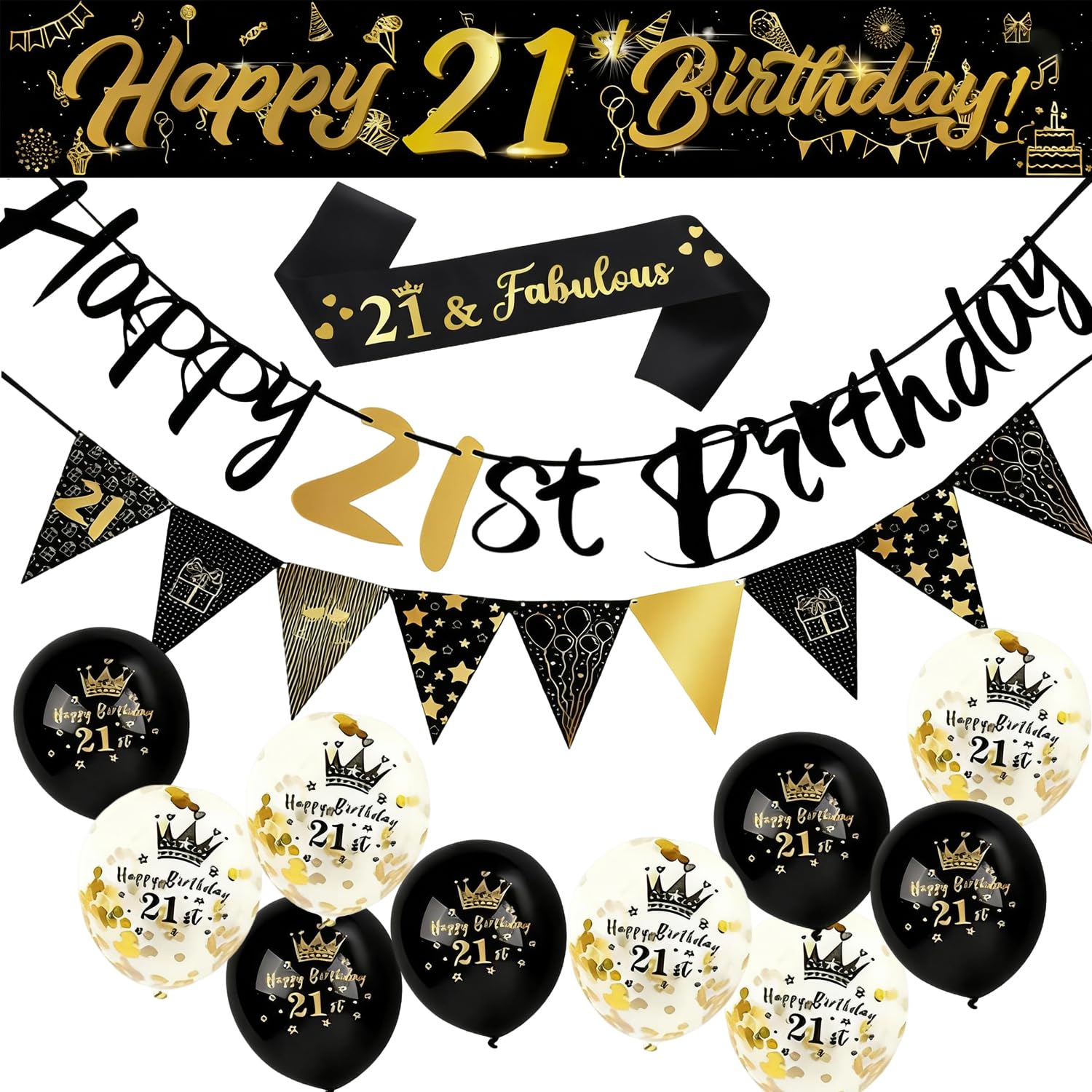 21st Birthday Decorations Banner, Black Gold 21st Birthday Party Banner and Yard Banners, 21 & Fabulous Strap, Triangle Flag Bunting Confetti Party Balloons, 21st Birthday Party Supplies for Boy Girls