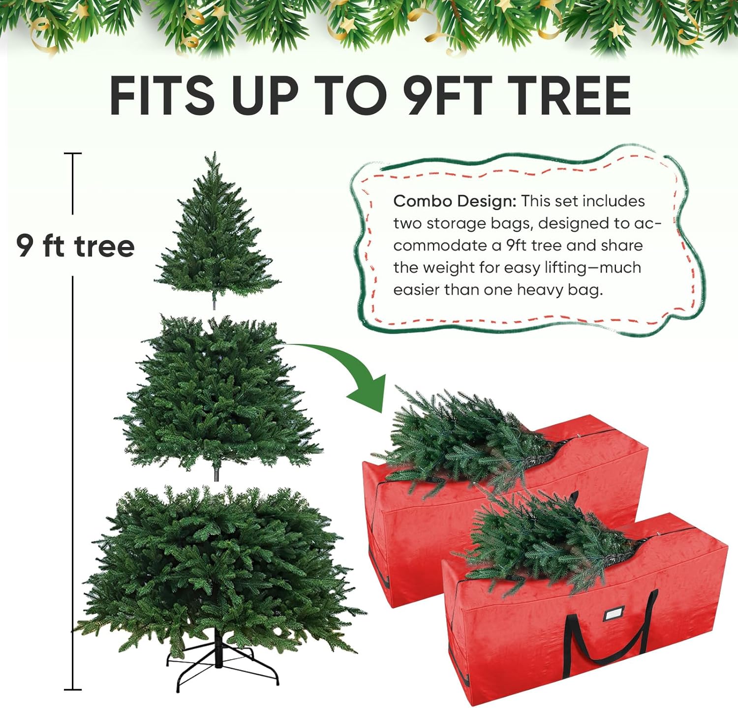 BALEINE 9 ft Christmas Tree Storage Bag, Heavy Duty Extra Large Artificial Christmas Tree Bag with Reinforced Handles and Dual Zippers Wide Opening (Grey, 2PK Combo)