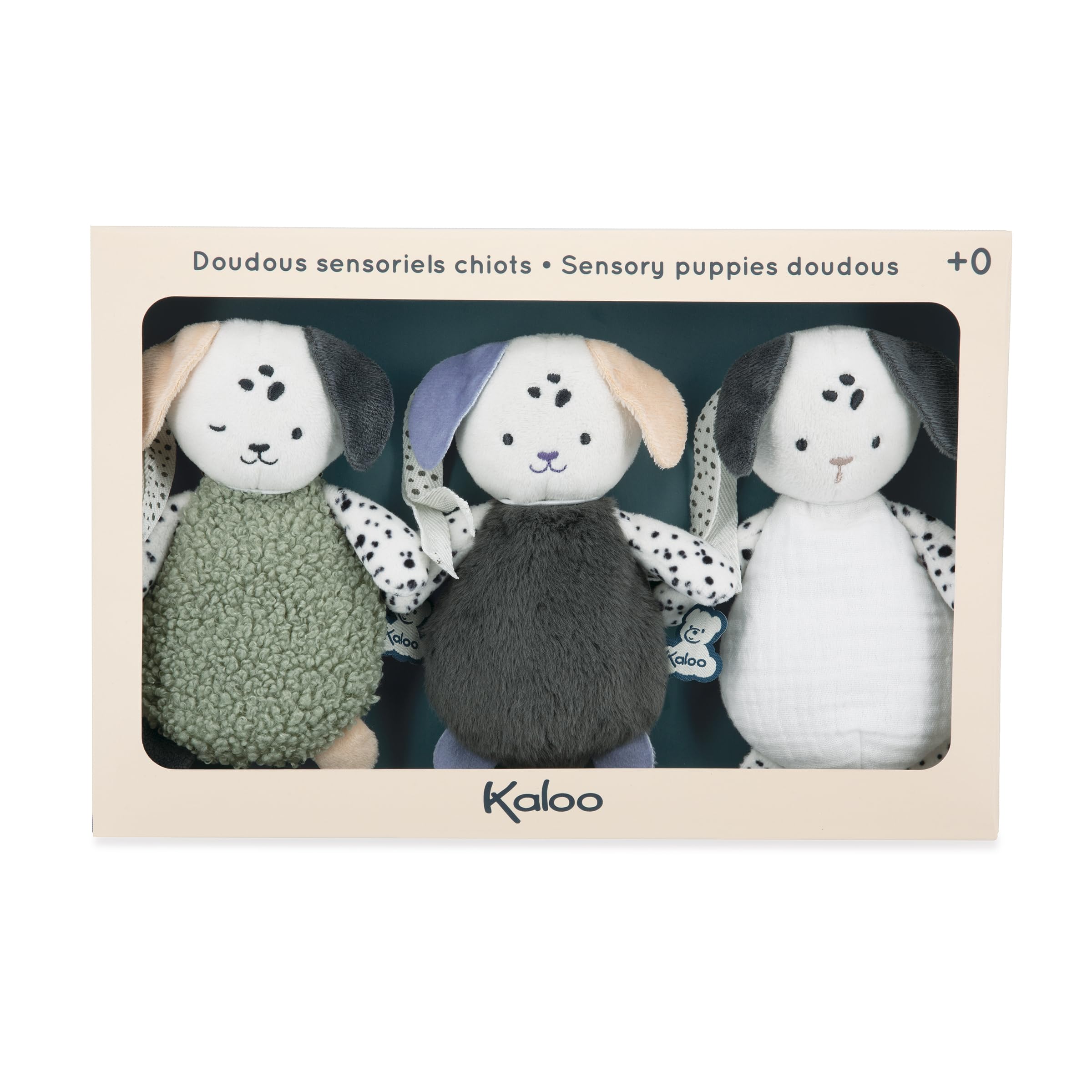 KALOO - Doudous Sensoriels Chiots – Set de 3 Jouets d'Éveil Bébé dès la Naissance – Peluches Douces avec Textures et Couleurs Contrastées – Cadeau Naissance - K227007