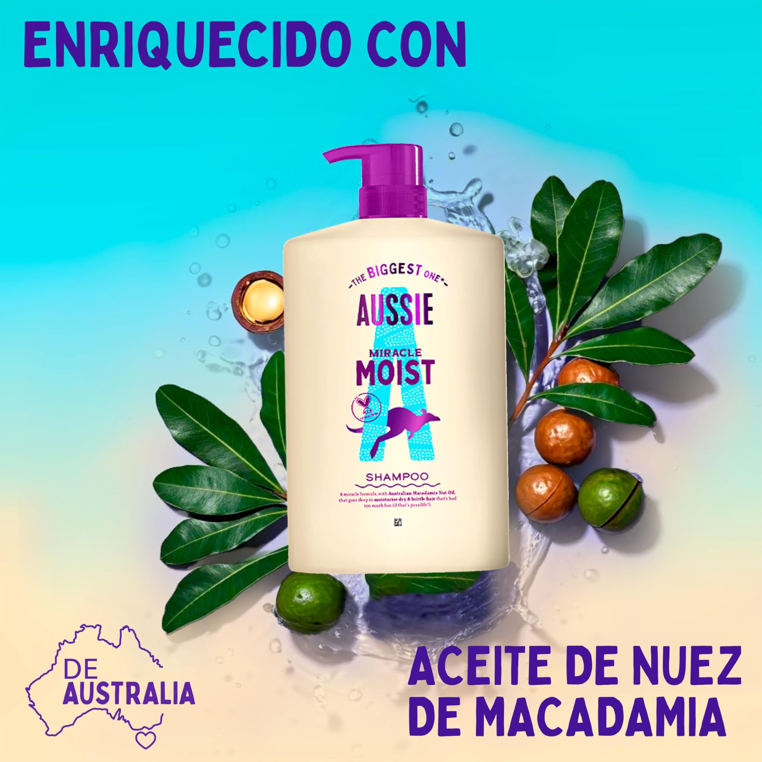 Aussie Miracle Moist Champú 1000ml Hidratante para Cabello Quebradizo y Seco con Aceite de Nuez de Macadamia