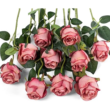 Flojery 10 künstliche Rosen mit langem Stiel, künstliche Seidenrosen für selbstgemachte Hochzeitsstrauß, Tischdekoration, Heimdekoration (Rose rot)