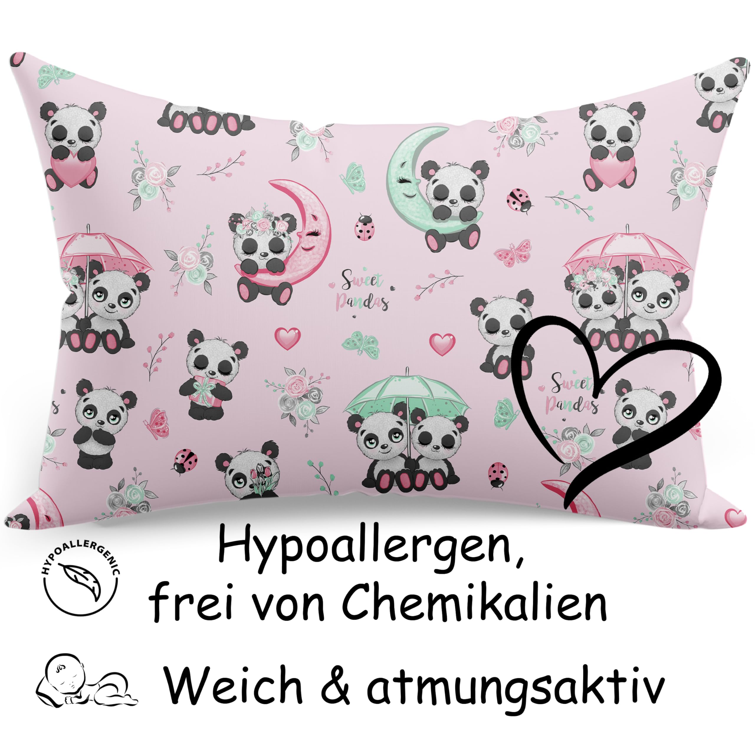 PinkZebra 40 x 80 cm Funda de almohada infantil, funda de almohada 100% algodón, funda de almohada con certificado Öko-Tex Standard 100, fundas infantiles con cremallera, oso panda rosa