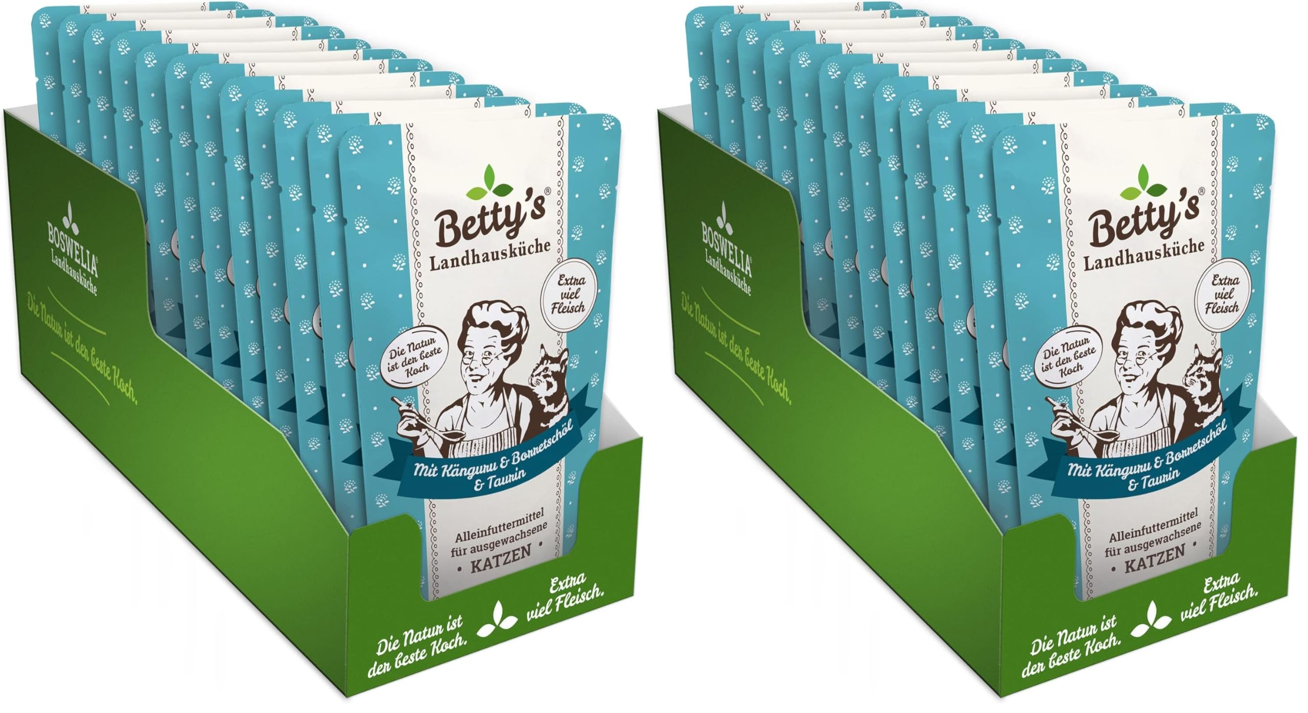 Betty's Landhausküche Frischebeutel Pouches Nassfutter Katze, Känguru mit Borretschöl 12 x 100g, getreidefrei, Beste Qualität, hochwertiges Fleisch, schonend gegart, hohe Bioverfügbarkeit