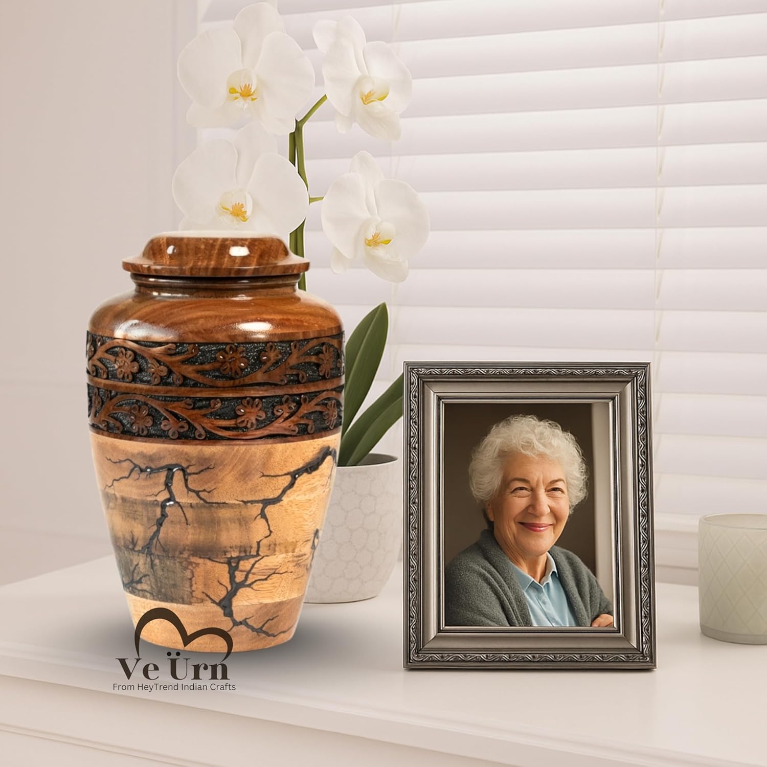 Wooden Cremation Urn for Human Ashes Adult Male Urn for Ashes for Women and man, Adult Size Decorative urn. Burial and Funeral Urn Double Flora Engraving Rosewood Large 200 Cu in Resin Inlay.