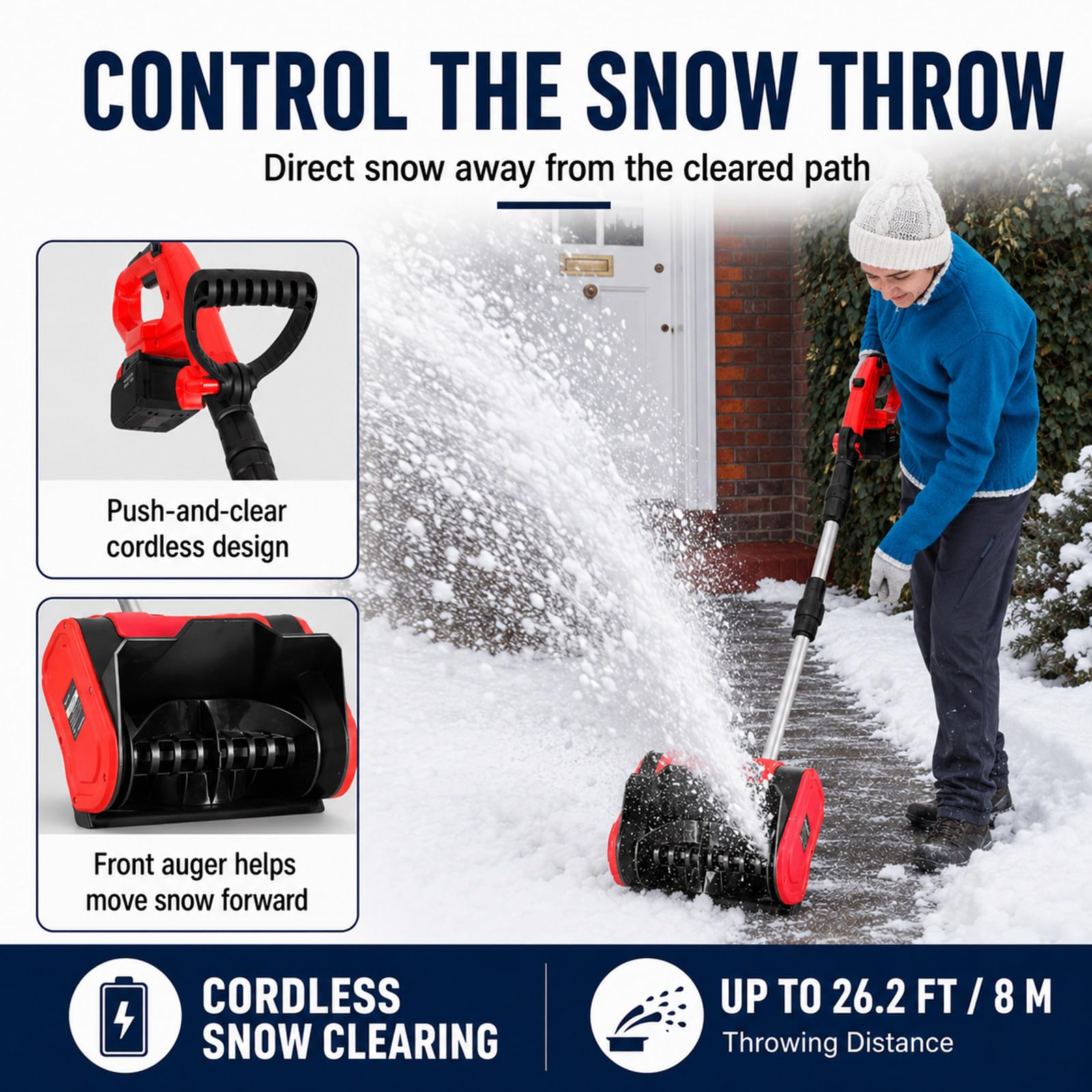 Pala da Neve elettrica 21 V con Batteria da 3,0 Ah, Motore da 1000 W, Larghezza 31 cm e Lancio Fino a 8 m per vialetti, marciapiedi, terrazze e ingressi di casa in Inverno