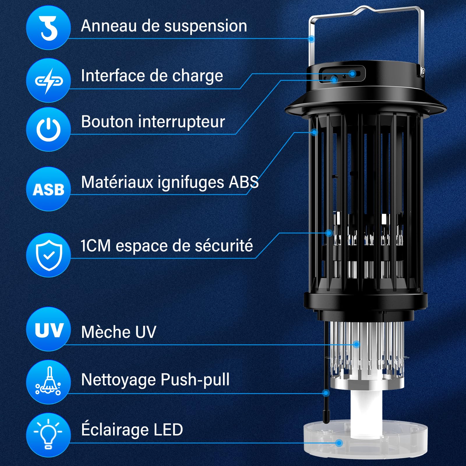 PALONE Lampe Anti Moustique USB-C Tue Mouche Électrique LED Portable UV 4200V 140 m²