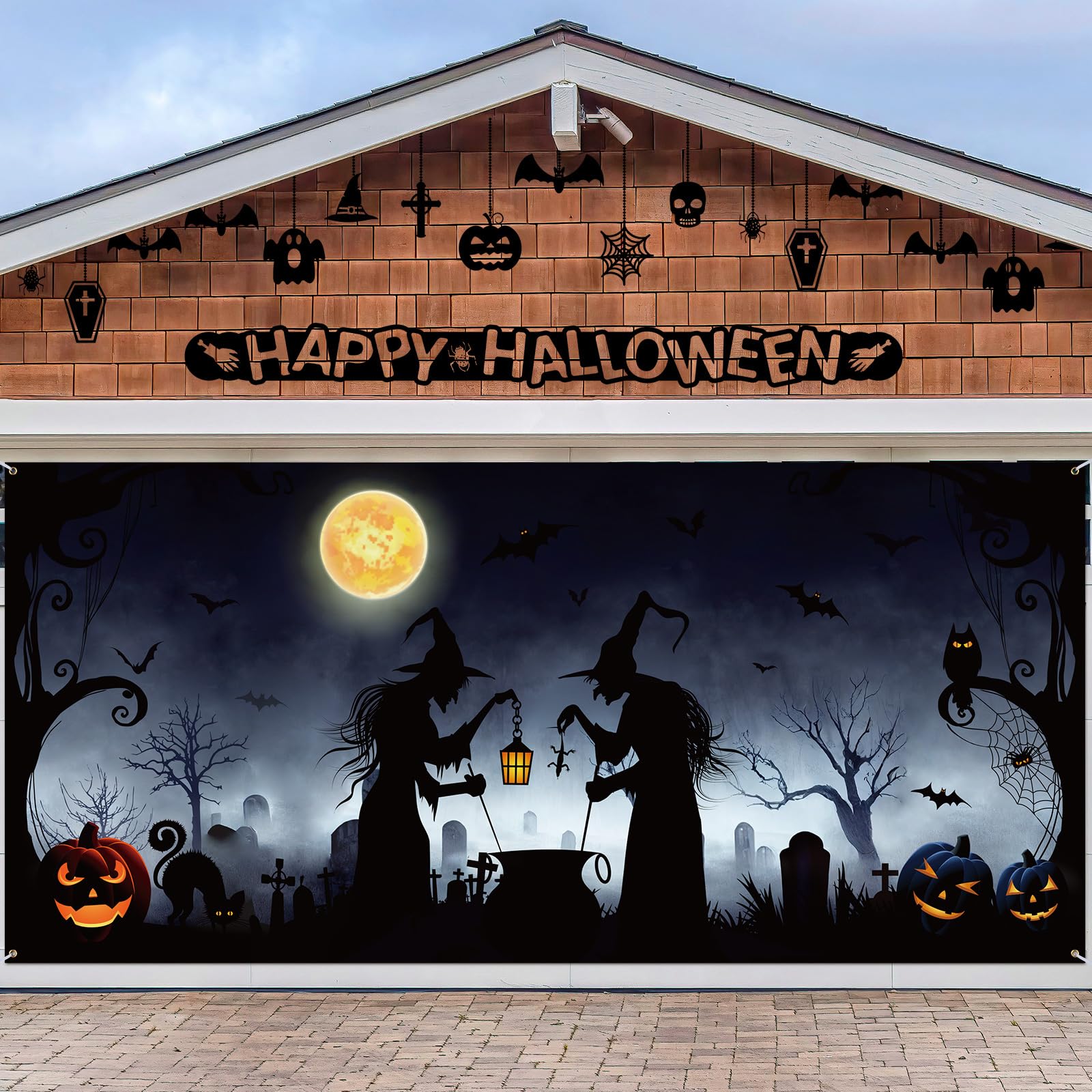 Preboun Halloween Garage Door Decorations Witch Halloween Door Cover Hanging Halloween Garage Door Banner Cauldron Backdrop Mural for Home Outdoor Indoor Spooky Party Wall Window Yard, 6 x 13 ft