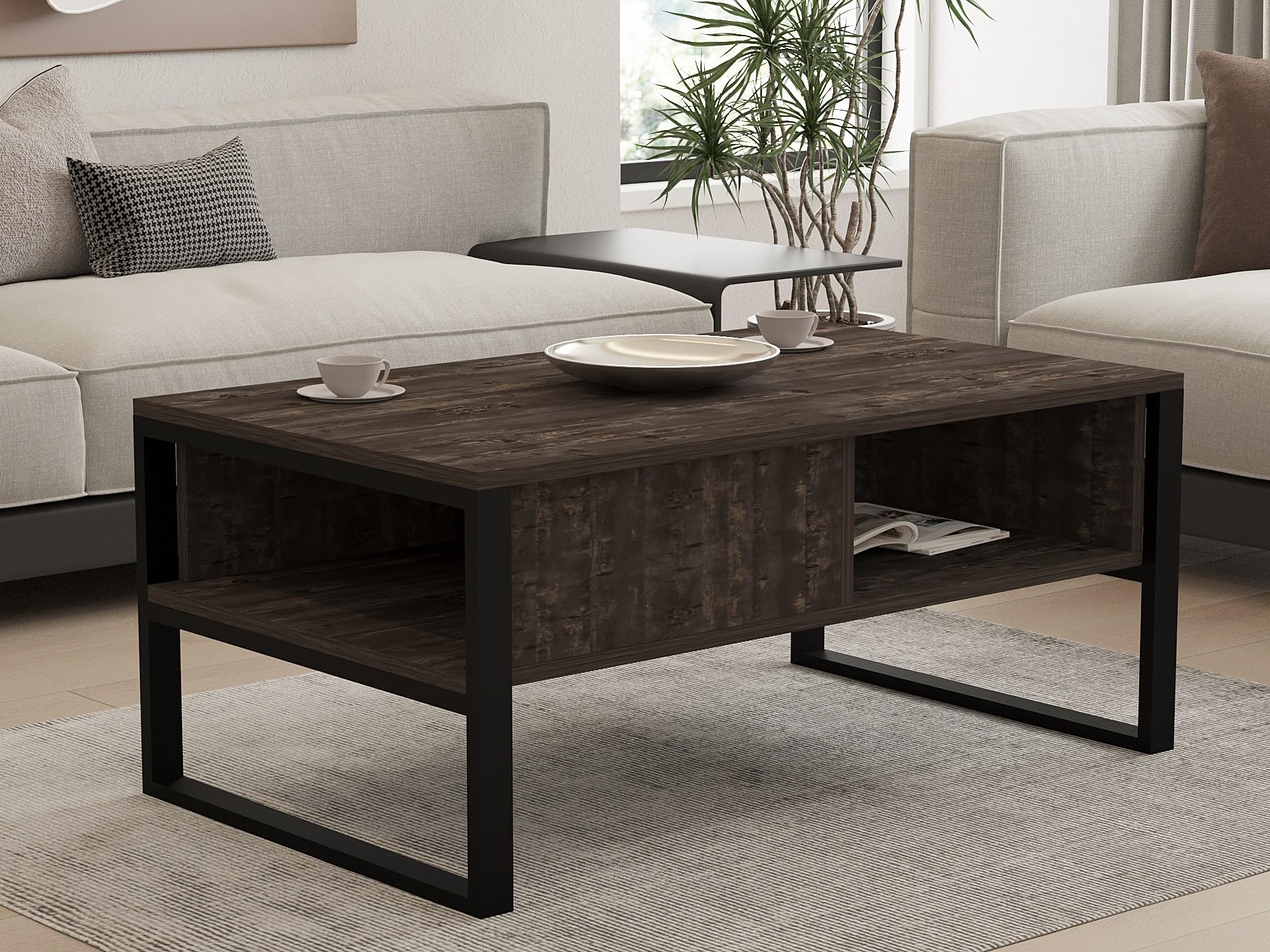 Hanah Home Modern Coffee Table with Wall-Mount Option, Anthracite, 100 cm x 60 cm x 43.8 cm, 100% Melamine Coated Particle Board, 18 mm Thick, Stylish & Functional Design with Multiple Shelves