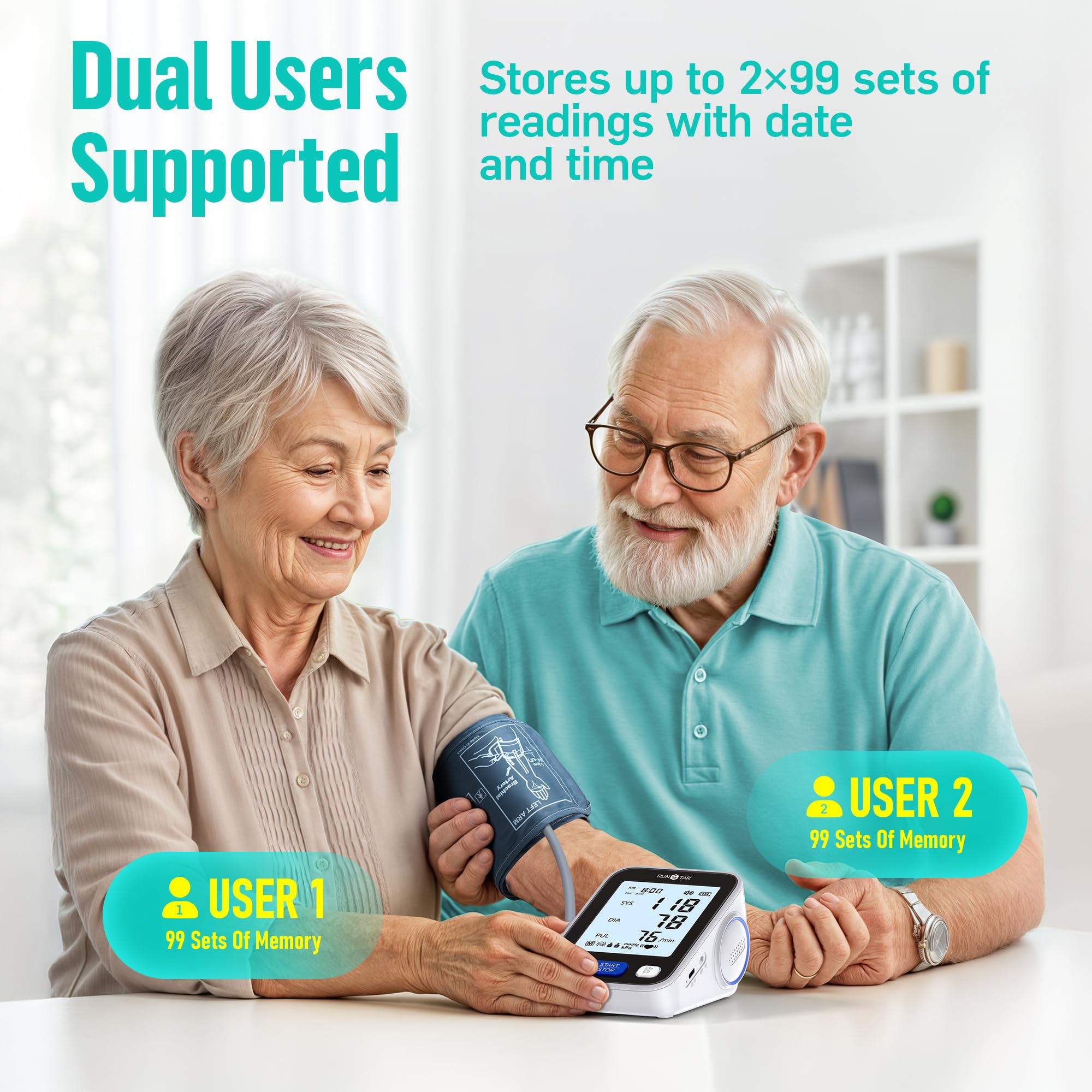 RunStar Upper Arm Blood Pressure Monitor with Wide Range Cuff (8.6'' -16.5'') for Home Use FSA&HSA Eligible, Automatic Digital BP Machine with Storage Bag, 2x99 Reading Memory