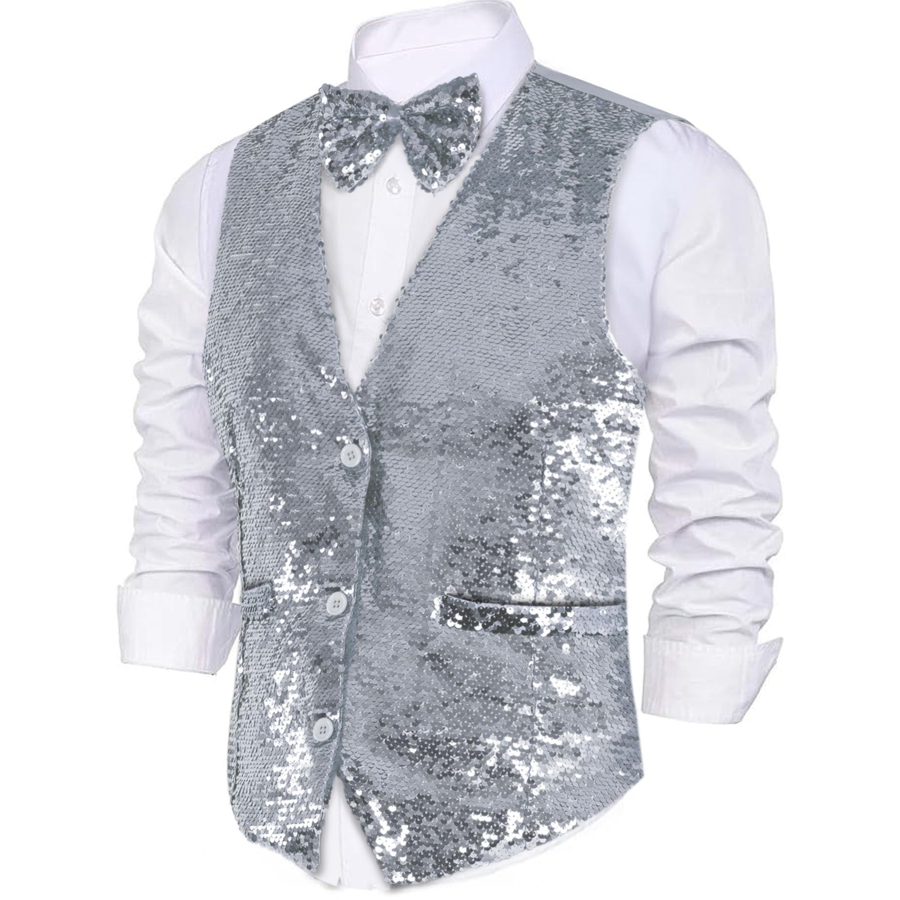 Dress Up America Sequin Waistcoat with Bowtie - Silver Shiny V-neck for Men, 18-26
