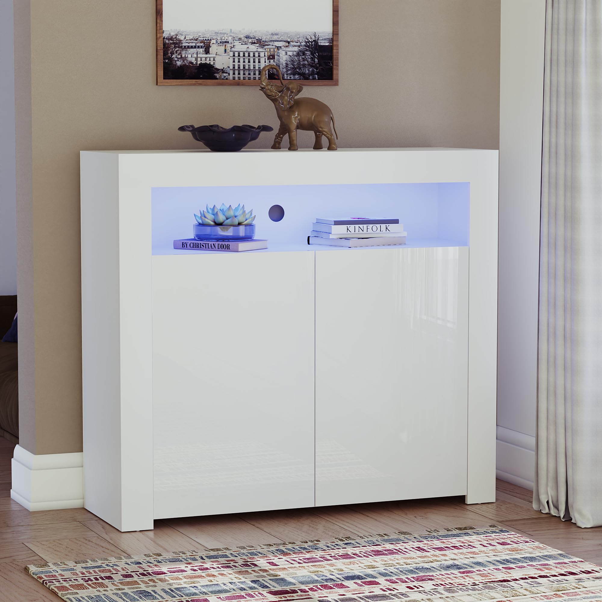 Vida Designs Nova 2 Door Modern LED Sideboard in White, RGB Lights (Fade/Strobe Options Included), High Gloss