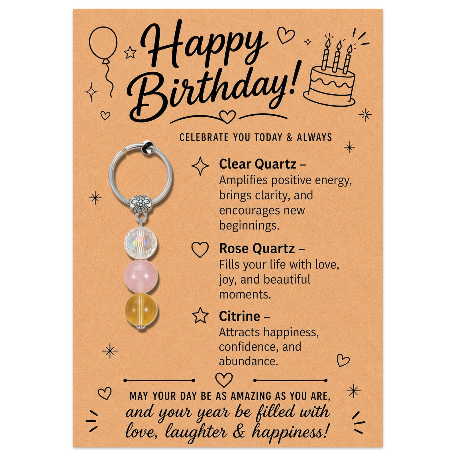 Virelle Birthday Gifts for Women – Crystal Keyrings for Women with Clear Quartz Rose Quartz Citrine, Inspirational Key Chains for Women for Her Friend Sister Best Friend