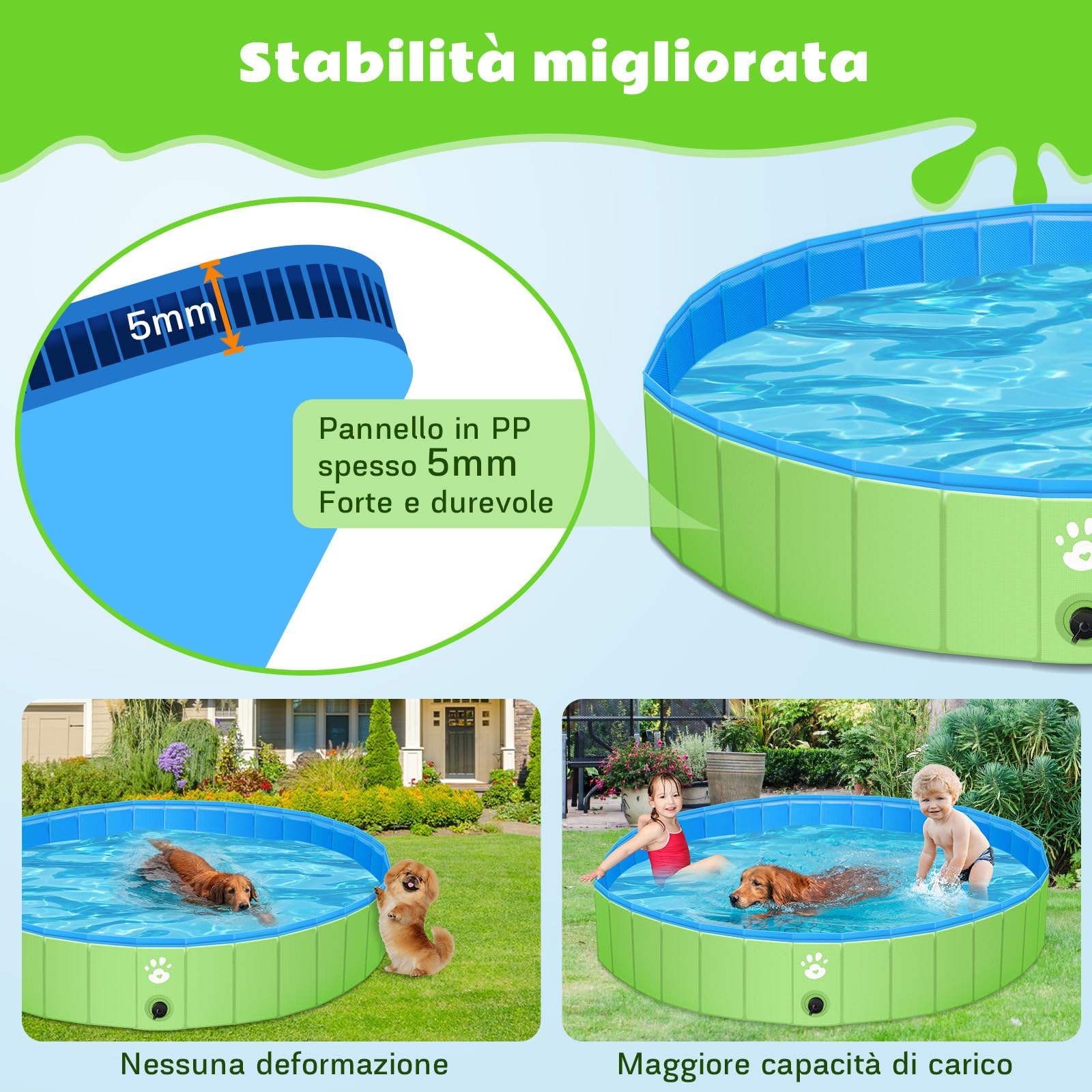 YIKANWEN Piscina per Cani Pieghevole, Piscina per Cani Grandi 120x30 cm in PVC, Piscina per Bambini Stabile e Antiscivolo, Piscina Cane Taglia Grande L, Verde, Rotonda