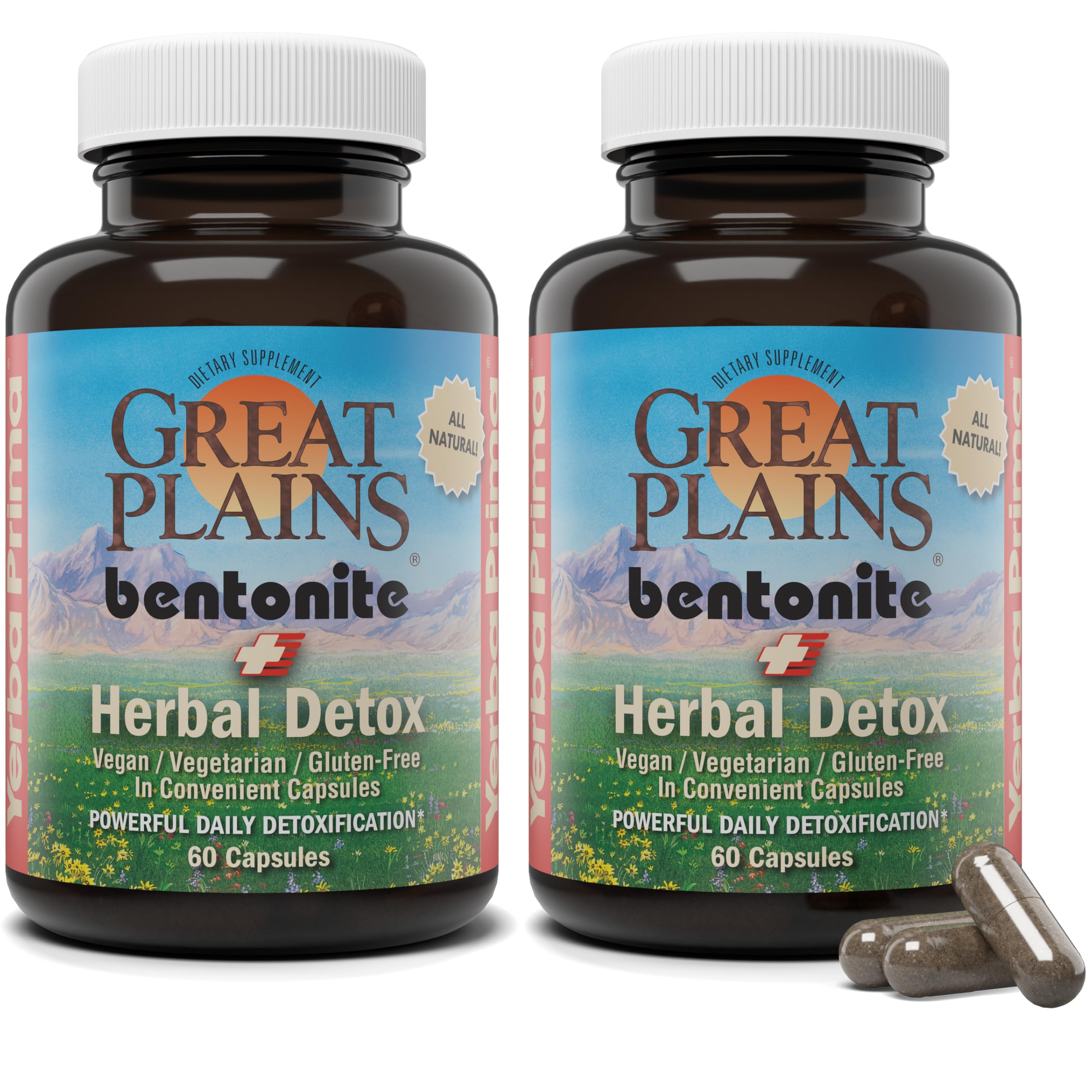 Yerba PrimaBentonite Clay Plus Herbal Detox, 60 Veggie Capsules (Pack of 2) - Use Long Term or as Rapid Detox, Premium Quality Ingredients, Powerful Daily Detoxification, Great Plains Bentonite