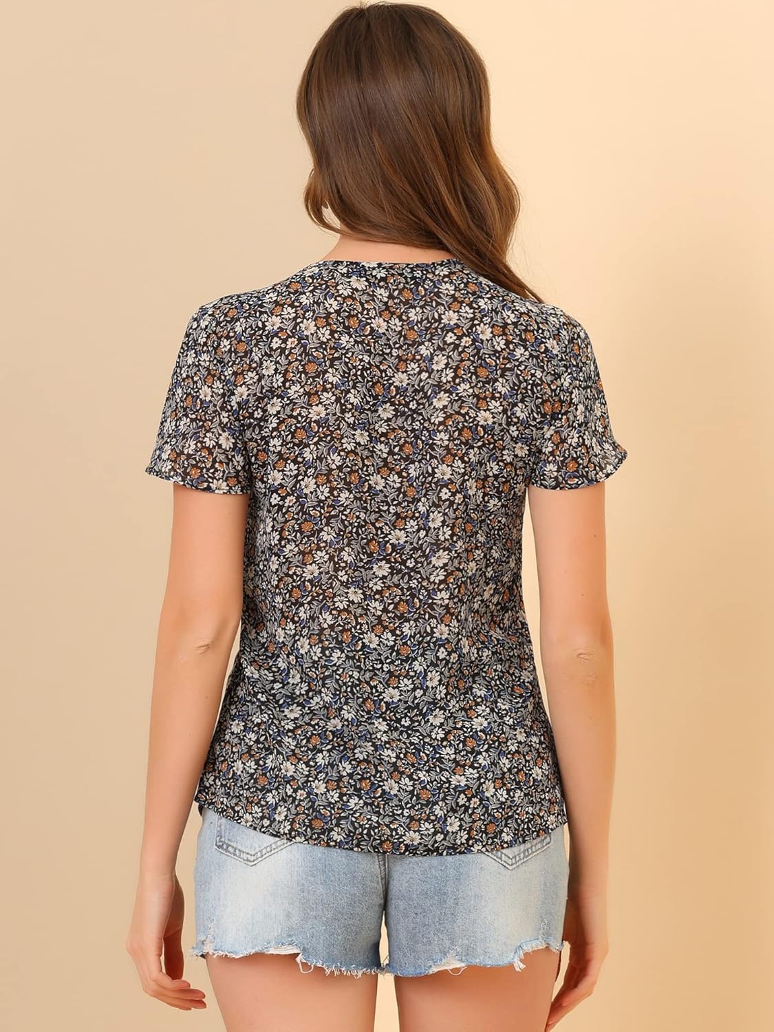 Allegra K Floral Tops for Women's Short Sleeve Ruffled Tie Neck Blouse - Image 2