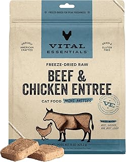 Vital Essentials Freeze Dried Raw Cat Food, Beef & Chicken Mini Patties Entree, 15 oz