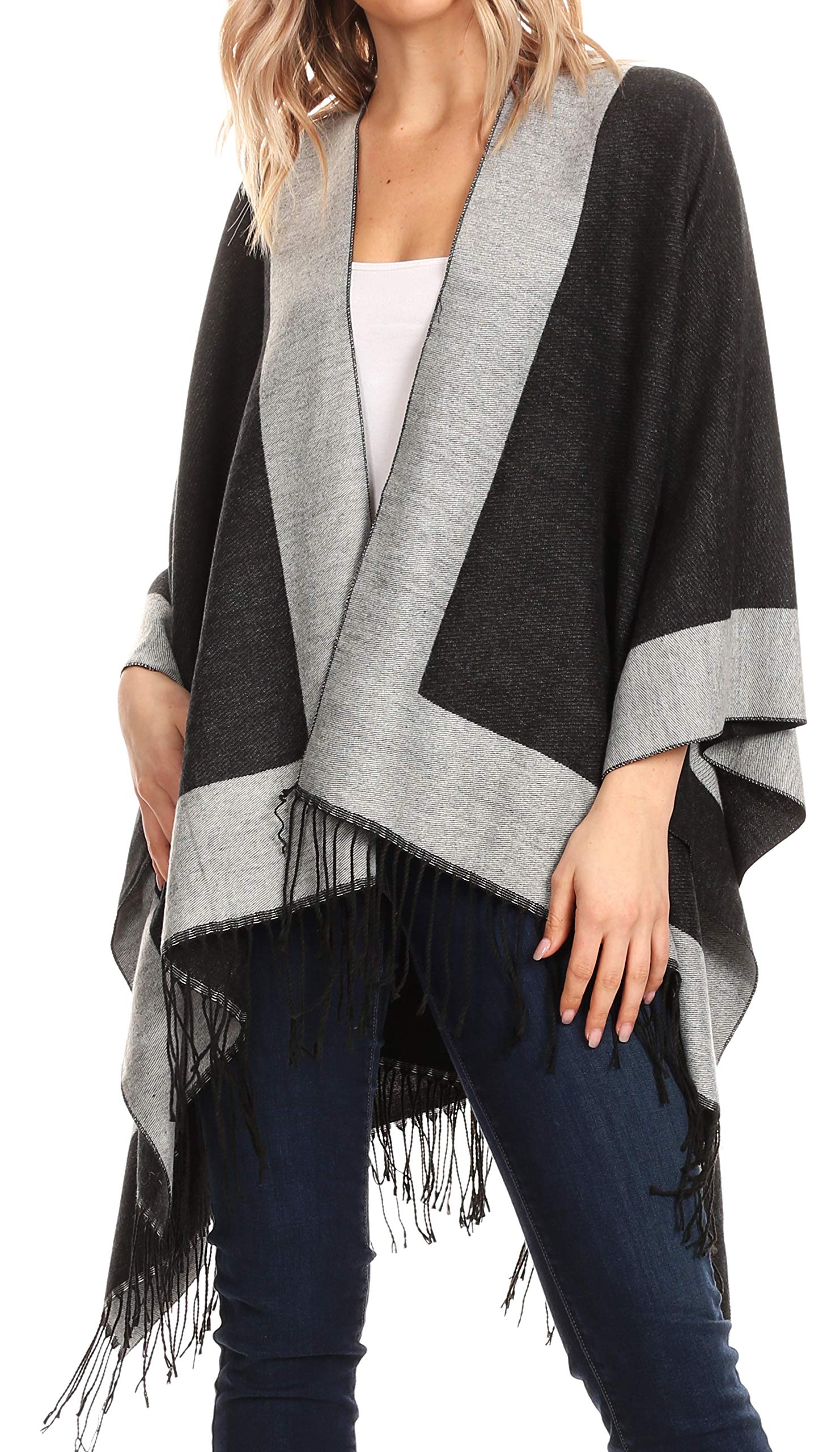Sakkas 1927 - Avi Women's Reversible Open Front Poncho Cardigan Ruana Cape Shawl W/Fringe - Border Charcoal - OS