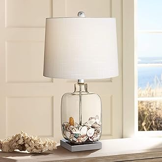 360 Lighting Coastal Accent Table Lamp 21 3/4" High Brushed Steel Silver Clear Glass Fillable White Drum Shade Decor for Living Room Bedroom House Bedside Nightstand Home Office Family