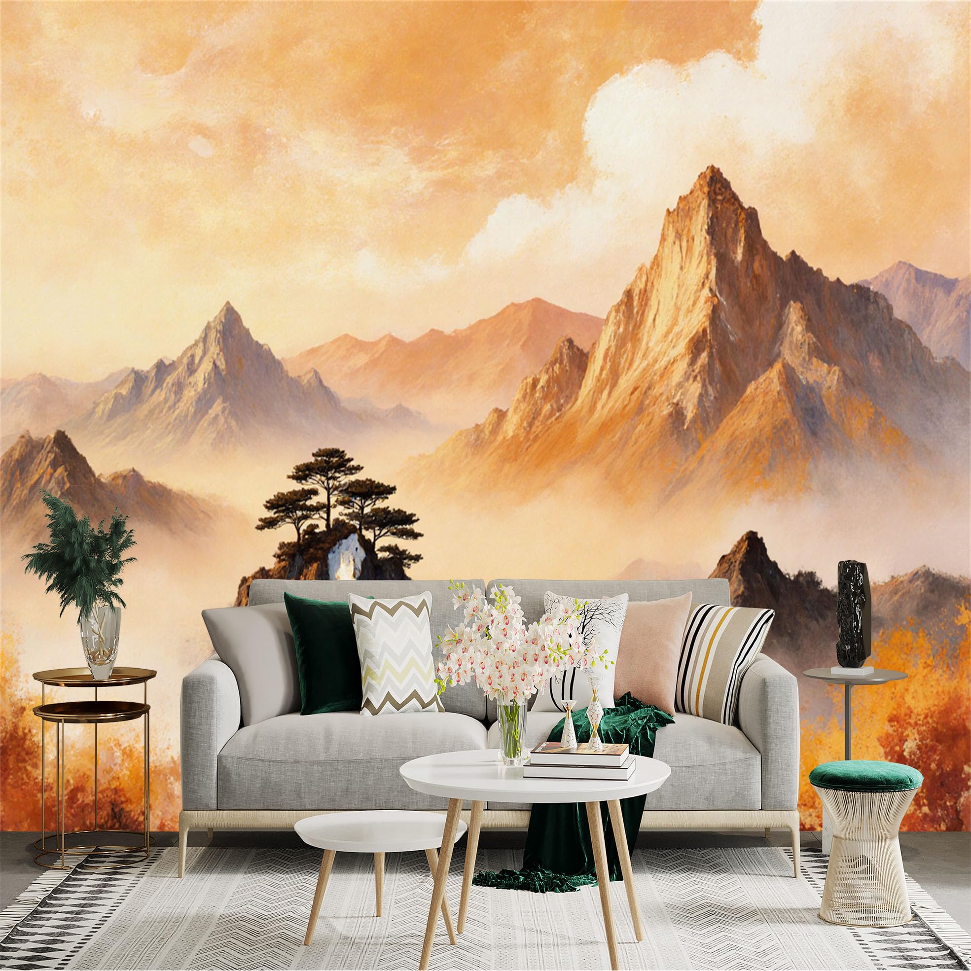 Custom Size Wall Sticker Mural， Golden Mountain Peak with Pine Trees in Morning Mist， Zen Artistic Landscape， for wall Decoration， peelandstick wall Decals.