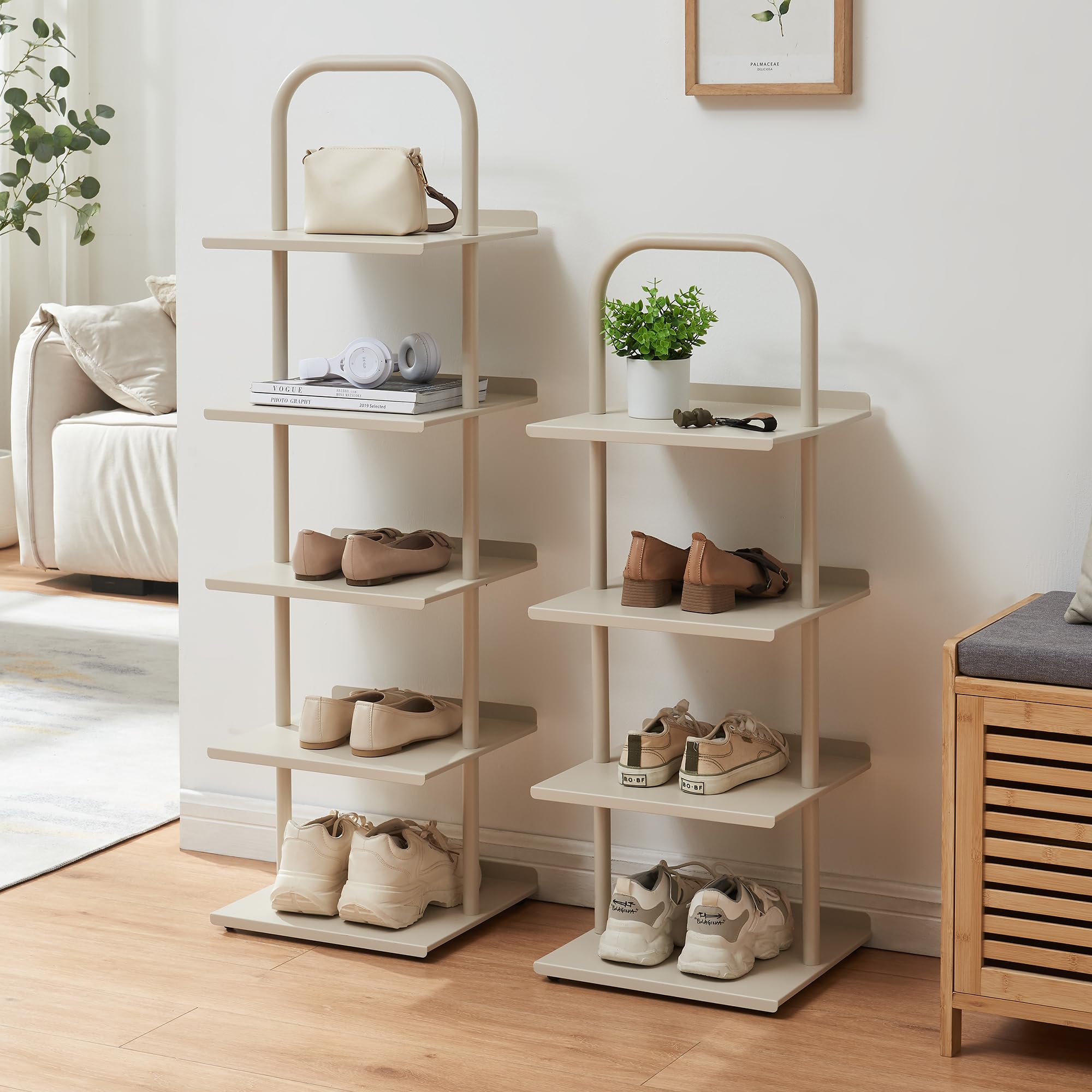 [en.casa] Schuhregal schmal Poytya mit 5 Ebenen Metall 119 x 34 x 32 cm Schuhständer für 5 Paare Schuhregal Standregal Flur Wohnzimmer Champagne