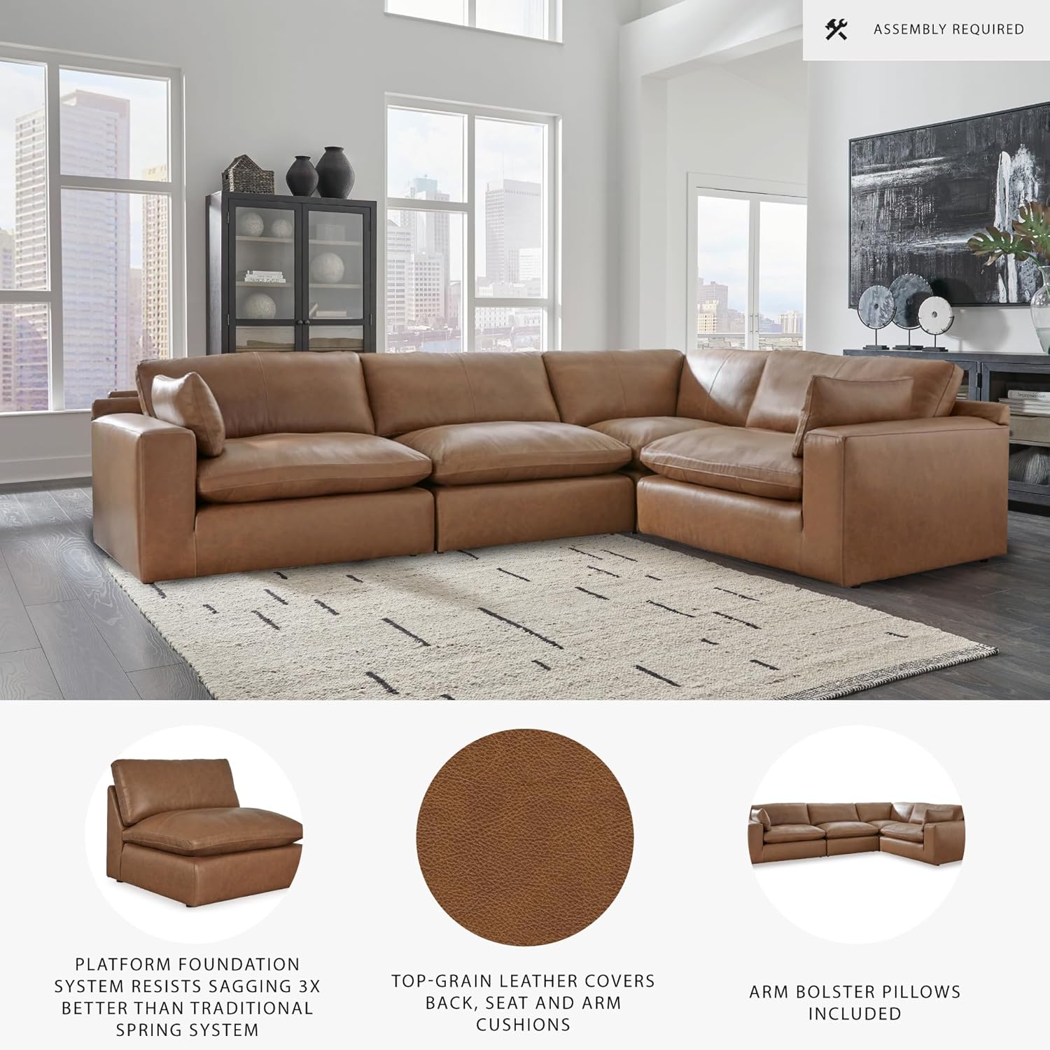 Signature Design by Ashley Emilia Modern L-Shaped Leather Match Modular Anti Sag 4-Piece Sectional with Loose Back Cushions and 2 Bolster Pillows, Orange