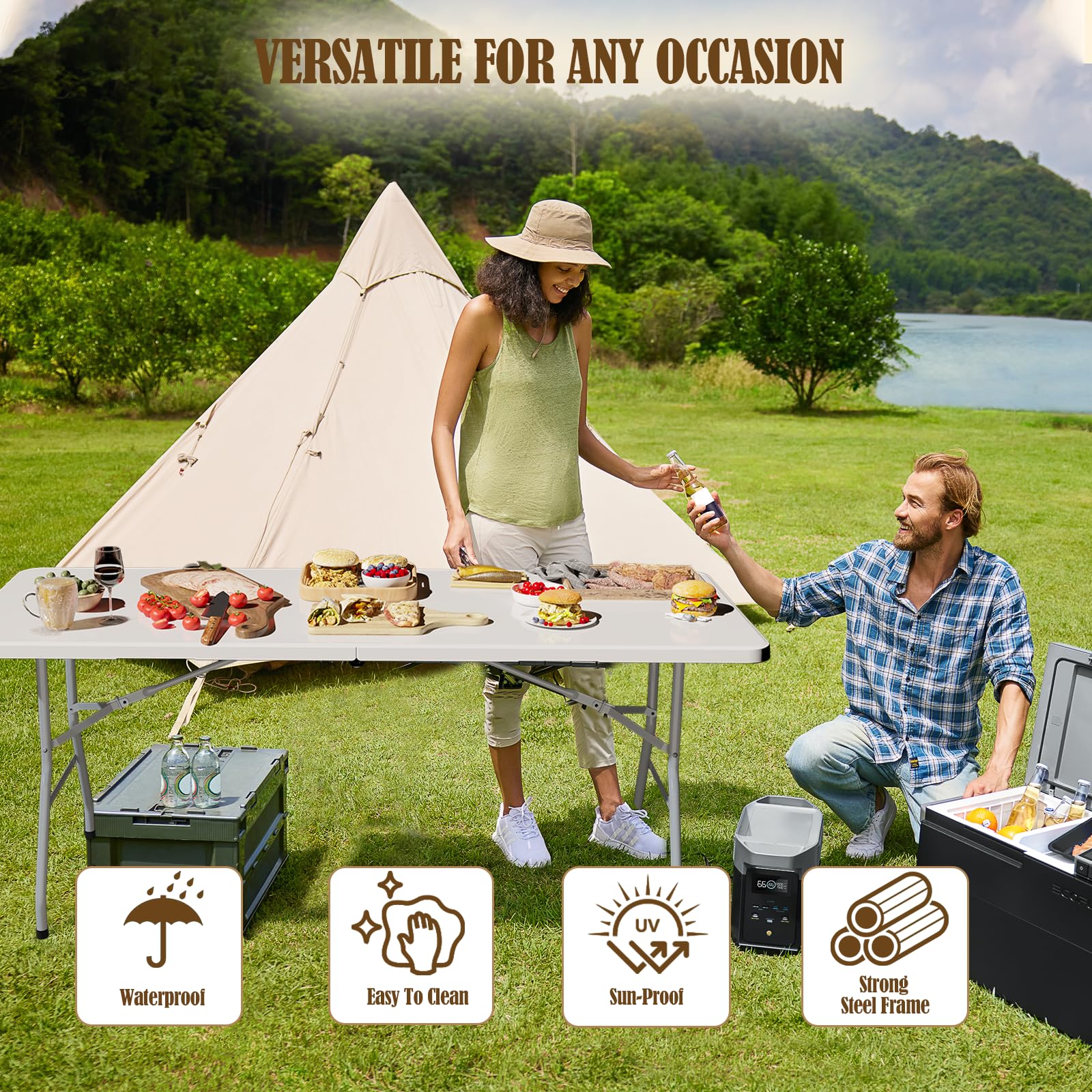 Mesa de picnic plegable de 6 pies para exteriores, portátil, mesa plegable para camping, fiestas, con asa de transporte (blanco, 1 unidad)