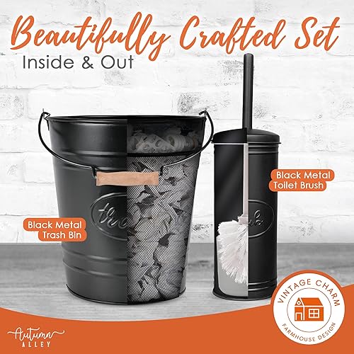Miniatura 7 de Autumn Alley Juego de basurero y escobilla de inodoro para baño, accesorios de baño rústicos para decoración encantadora de baño, metal negro mate