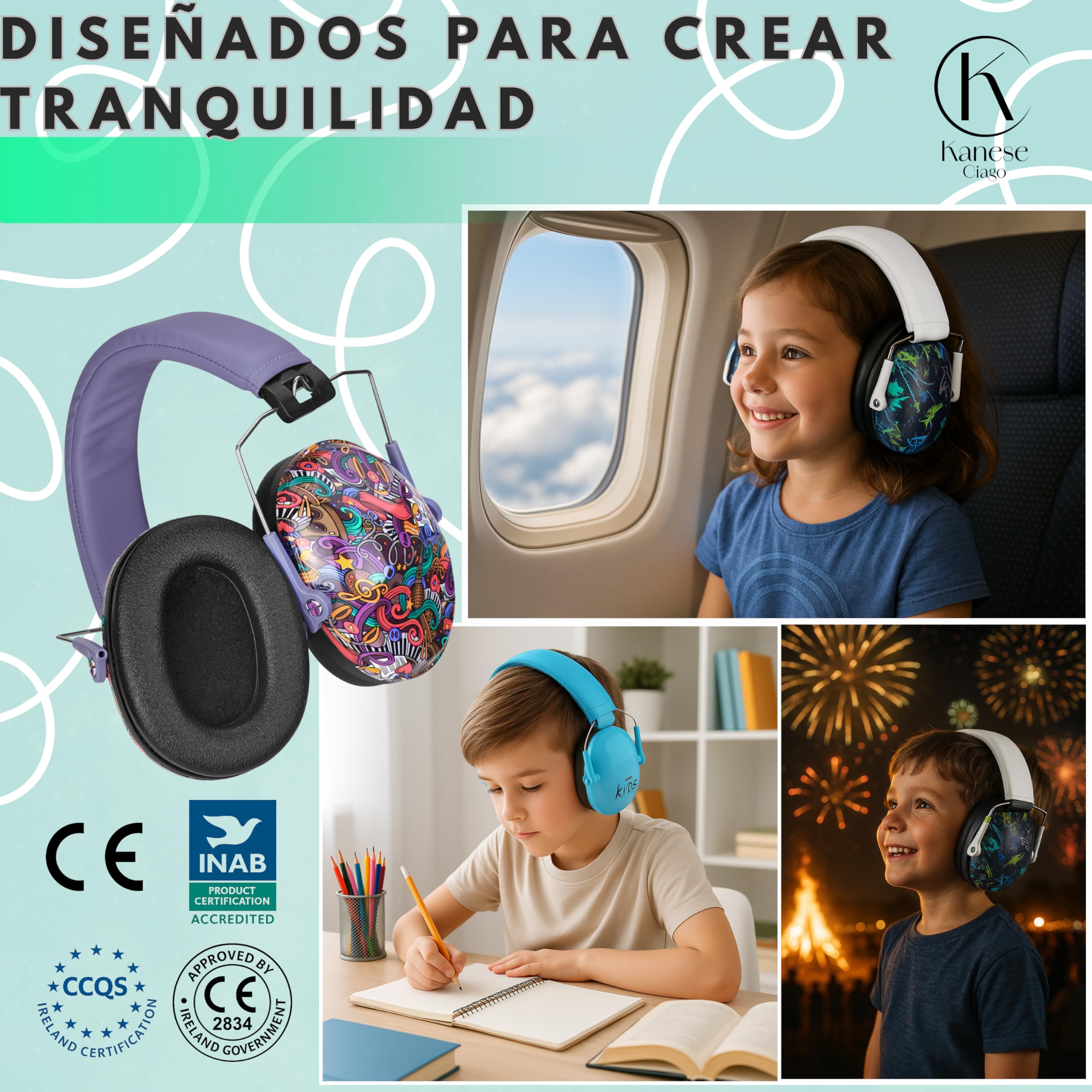 Cascos Antirruido para Niños 3-14 Años – SNR 28 dB; Protectores Auditivos Plegables y Ajustables; Orejeras Insonorizadas para Conciertos; Fuegos Artificiales, Estudio, Ideales para Autismo