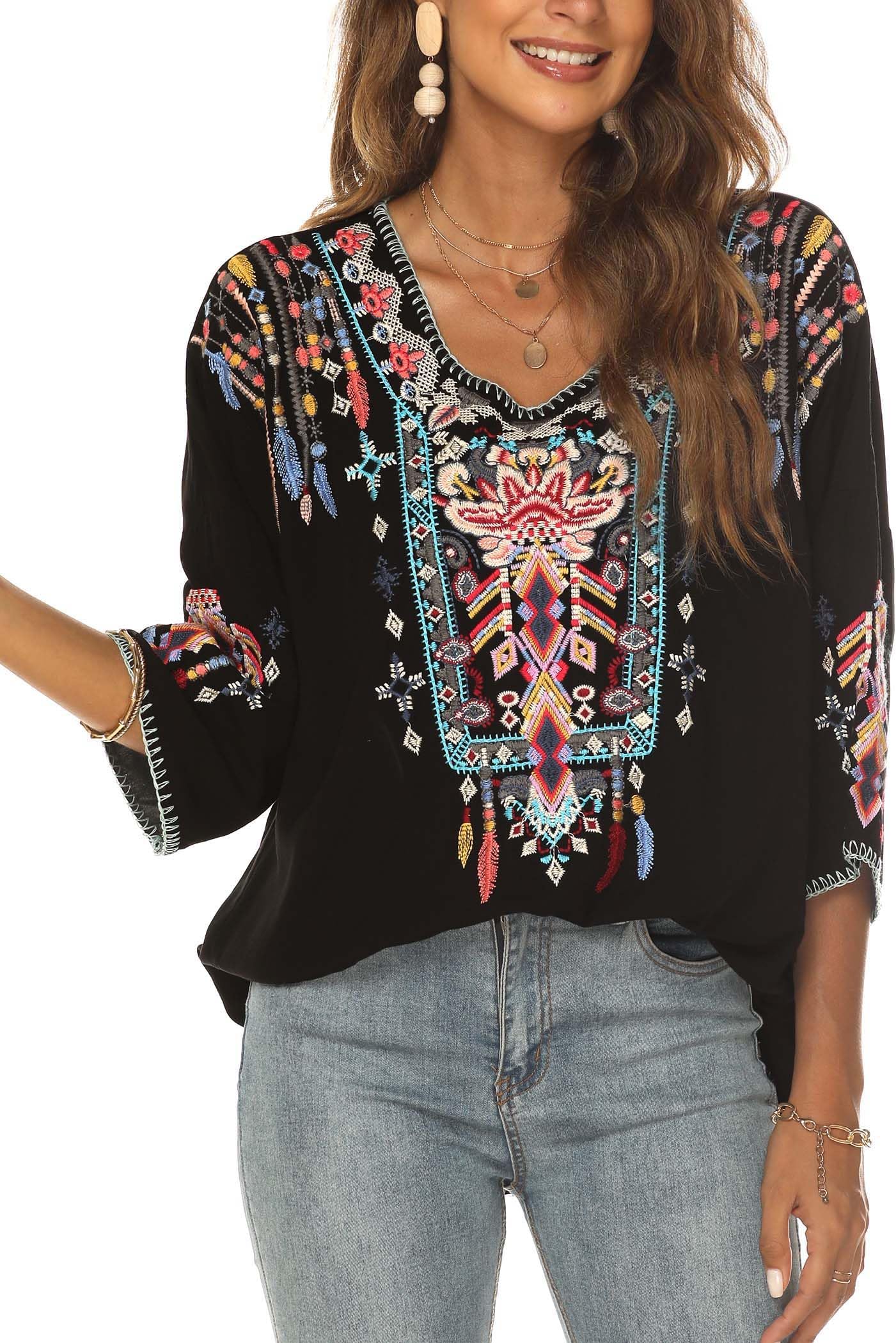 Women Mexican Embroidered Shirt for Women Bohemian Style Top Blouse 3/4 Sleeve Summer Casual Tunics