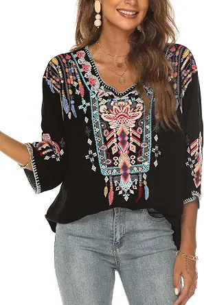 LauraKlein Women Mexican Embroidered Bohemian Style Top