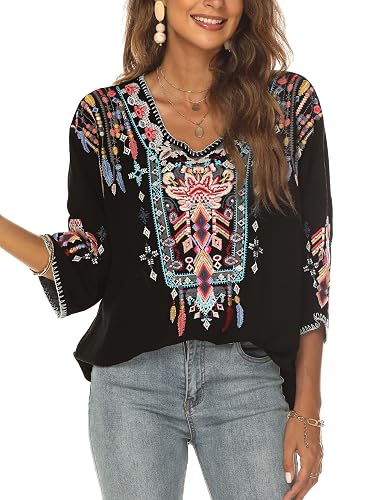 LauraKlein Women Mexican Embroidered Shirt for Women Bohemian Style Top
