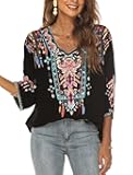 Women Mexican Embroidered Shirt for Women Bohemian Style Top Blouse 3/4 Sleeve Summer Casual Tunics
