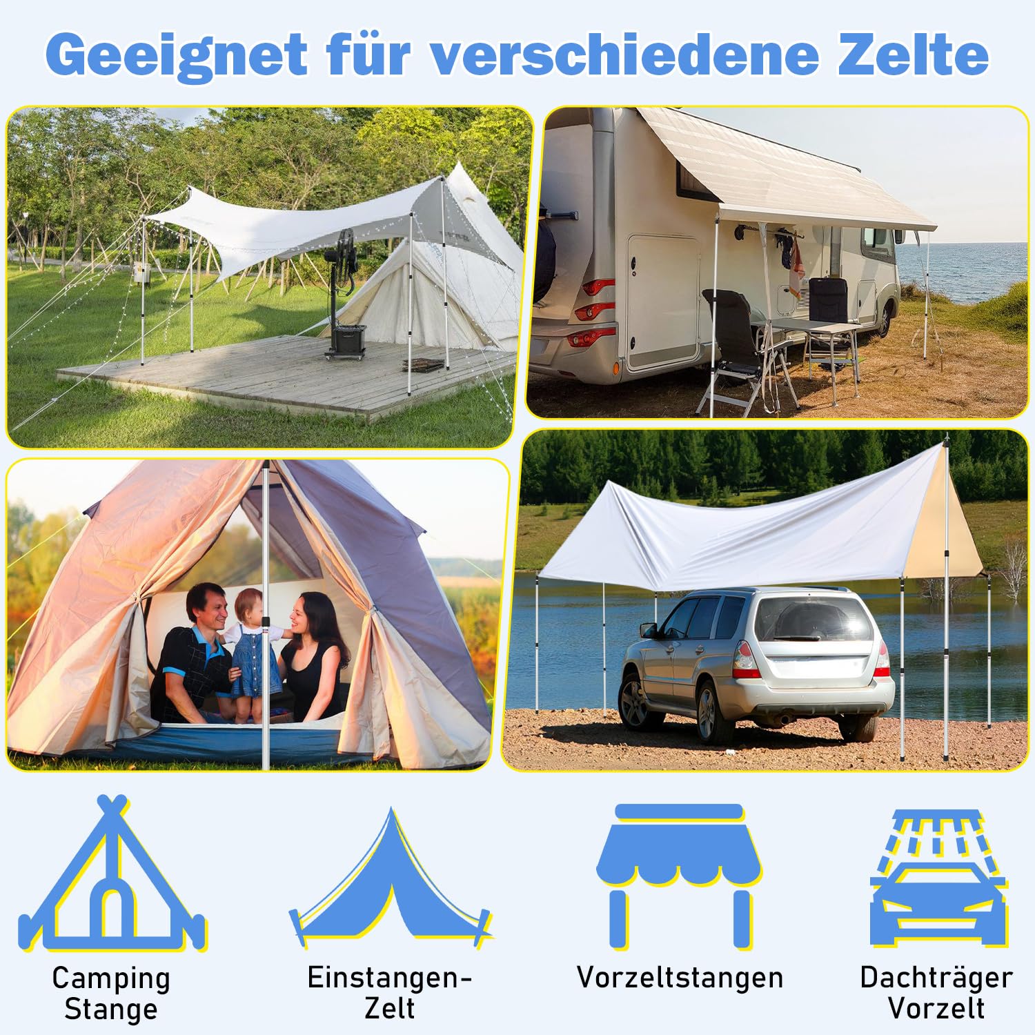 Zeltstangen Aluminiumlegierung Höhenverstellbar, Stabil & Wetterfestes Zeltgestänge für Camping, Trekking & Outdoor, Universell für Zelt, Tarp, Sonnensegel, Plane & Wetterschutz