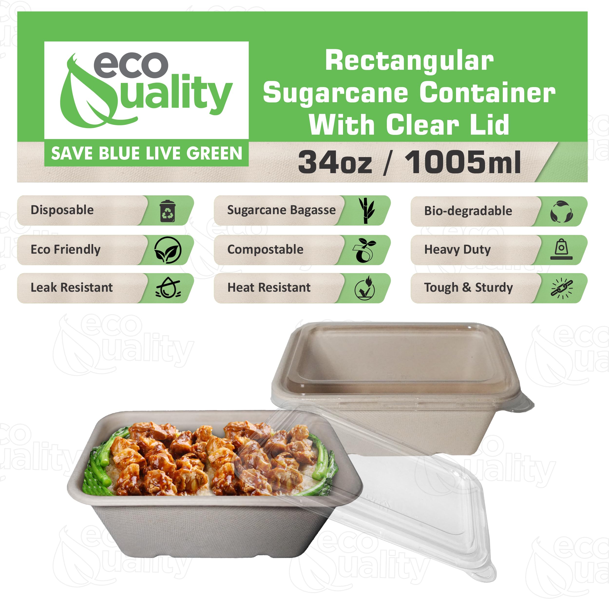 EcoQuality 34oz Disposable Bowls with Clear Lids - Rectangular Compostable Sugarcane Fiber Biodegradable Paper Bowls Eco-Friendly Take Out Food Storage Containers, Microwave Safe, Meal Prep (25 PACK)