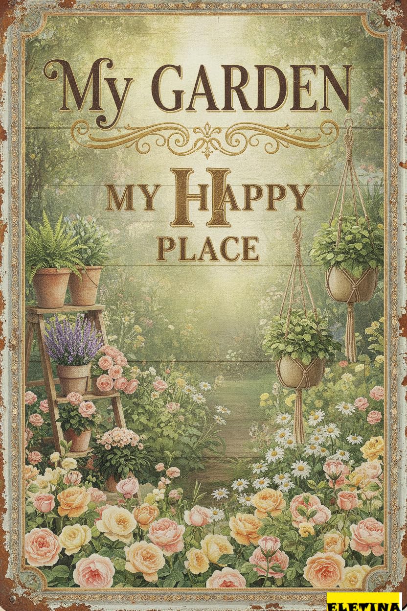 My Garden My Happy Place Tin Sign, 8x12 Inch Decor