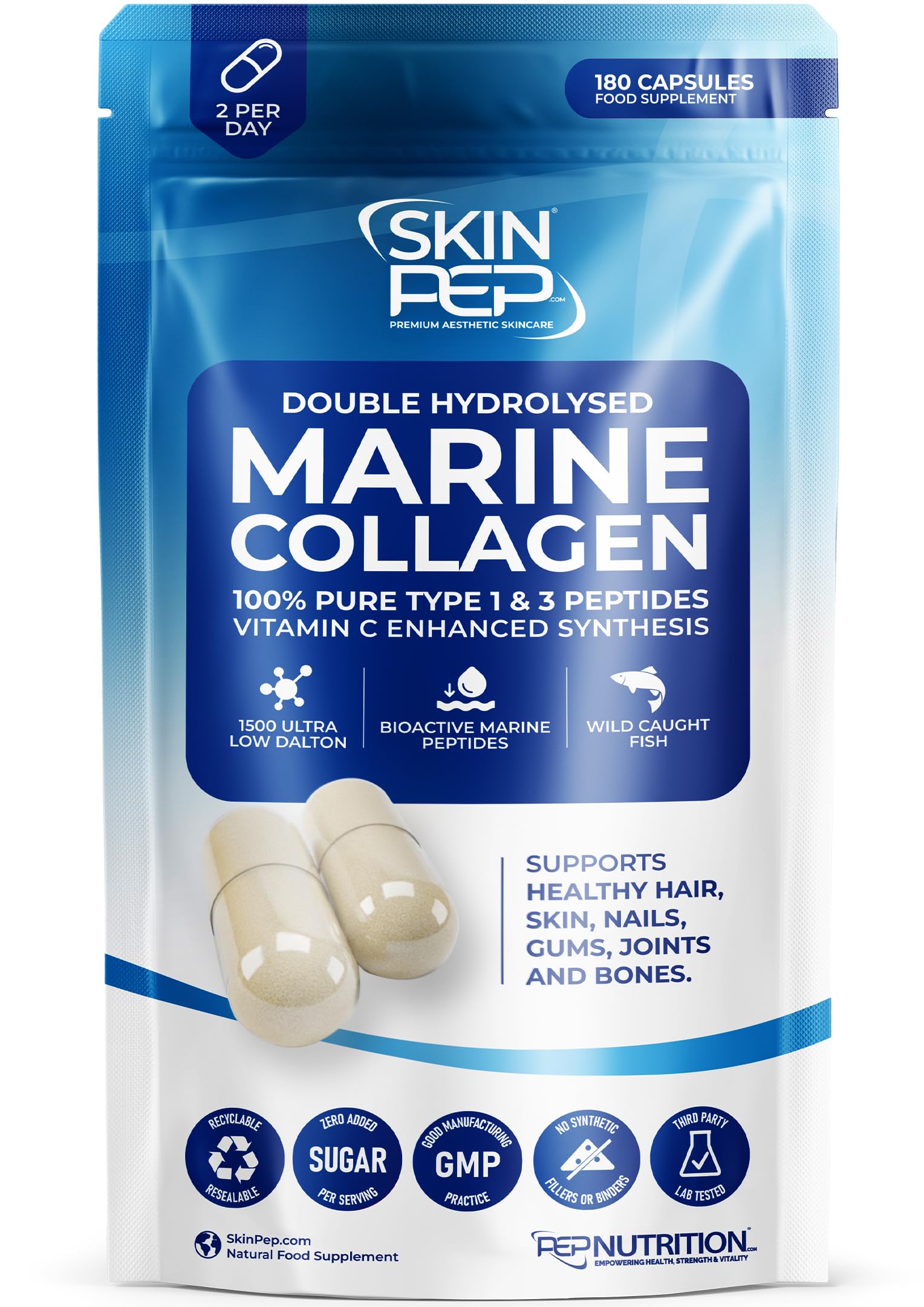 100% Pure Marine Collagen (180 Capsules) - 1270mg (Not Collagen Powder) - 3 Months Supply - Collagen Supplements for Women & Men Premium Double Hydrolysed Triple Filtered Type 1&3 Peptides by SkinPep