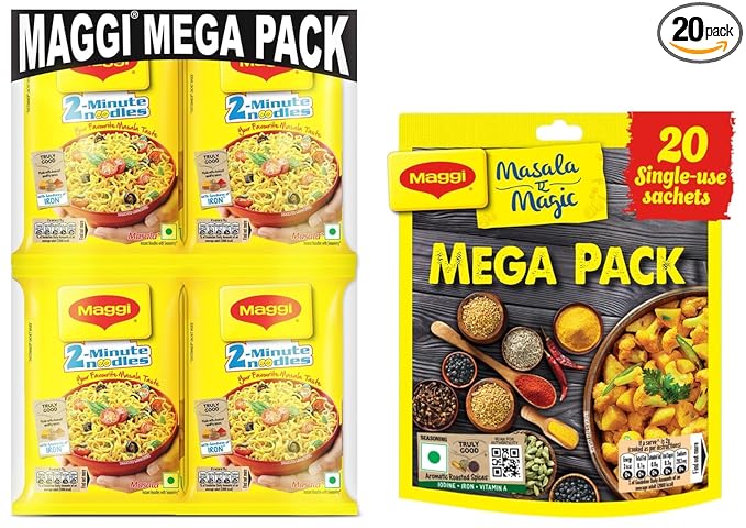 Maggi Masala-Ae-Magic, (20 Sachets) | All in One Masala for Dry Vegetables, Paneer, Dal & More Pouch, 120 g & MAGGI 2-minute Instant Noodles, 840g (12 pouches x 70g each)
